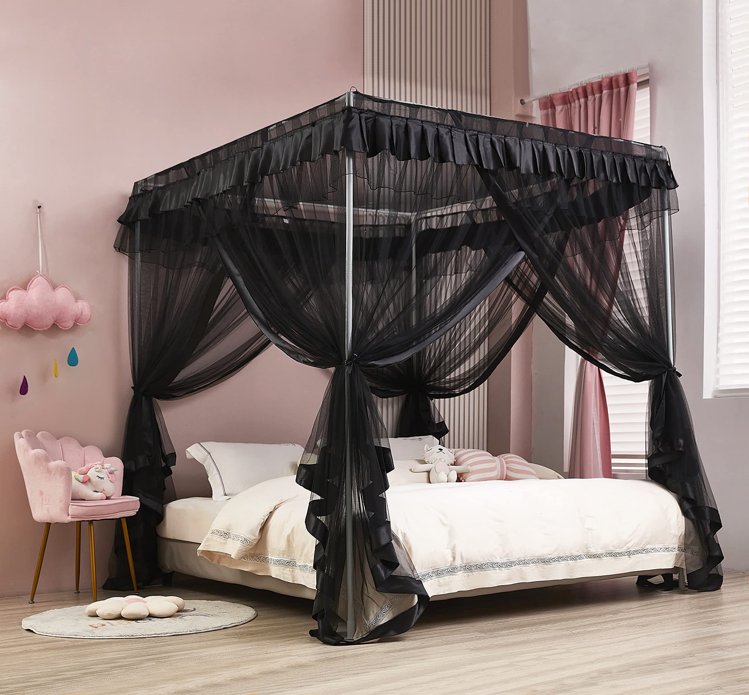 Black Bed Canopy, 4 Corner Post Bed Canopy Curtains, Quick and Easy Installation for King Size Beds