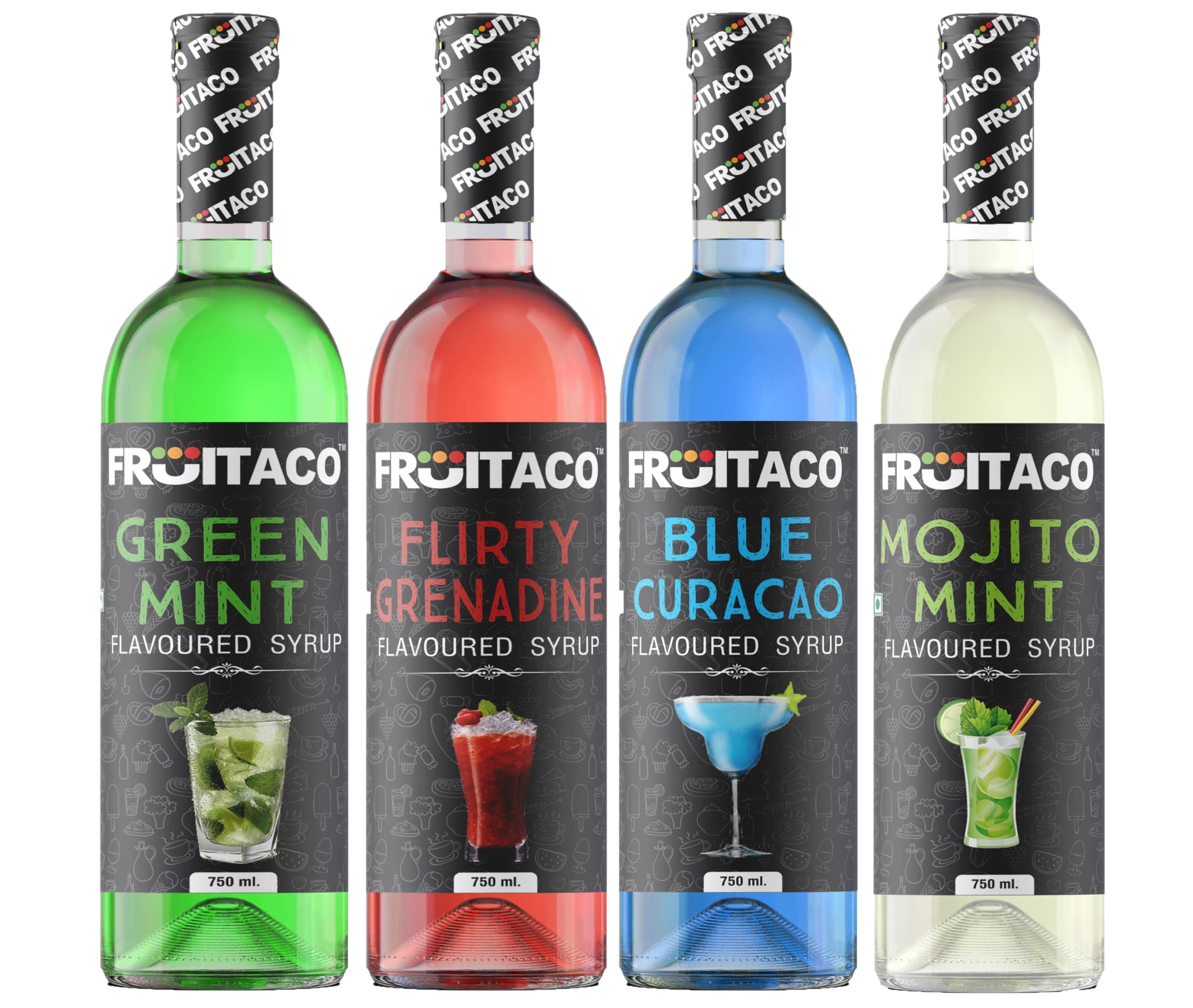 - Fruitaco Blue Curacao Grenadine Green Mint Mojito Mint Syrups Combo, Pack of 4, 750 ml each