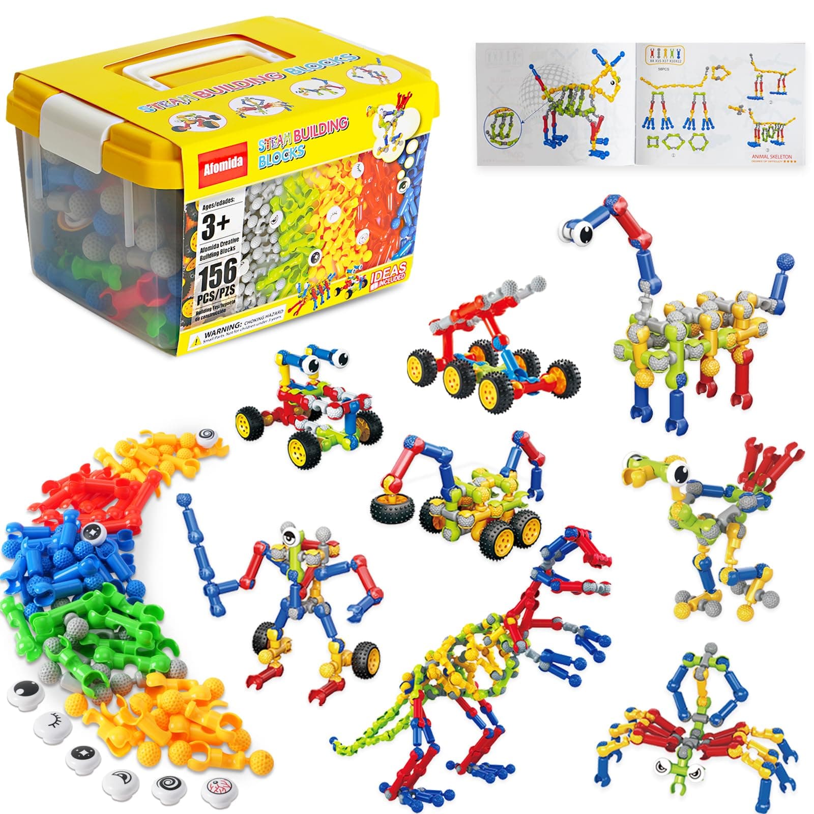 156 PCS Creative Building Blocks Building Toy Set - Featuring Storage, Includes Dinosaur, Robot, Car, Spider, Dog, Animal Figure Building Toy Playset for Kids, Boy Girl Birthday Gift, Ages 4+