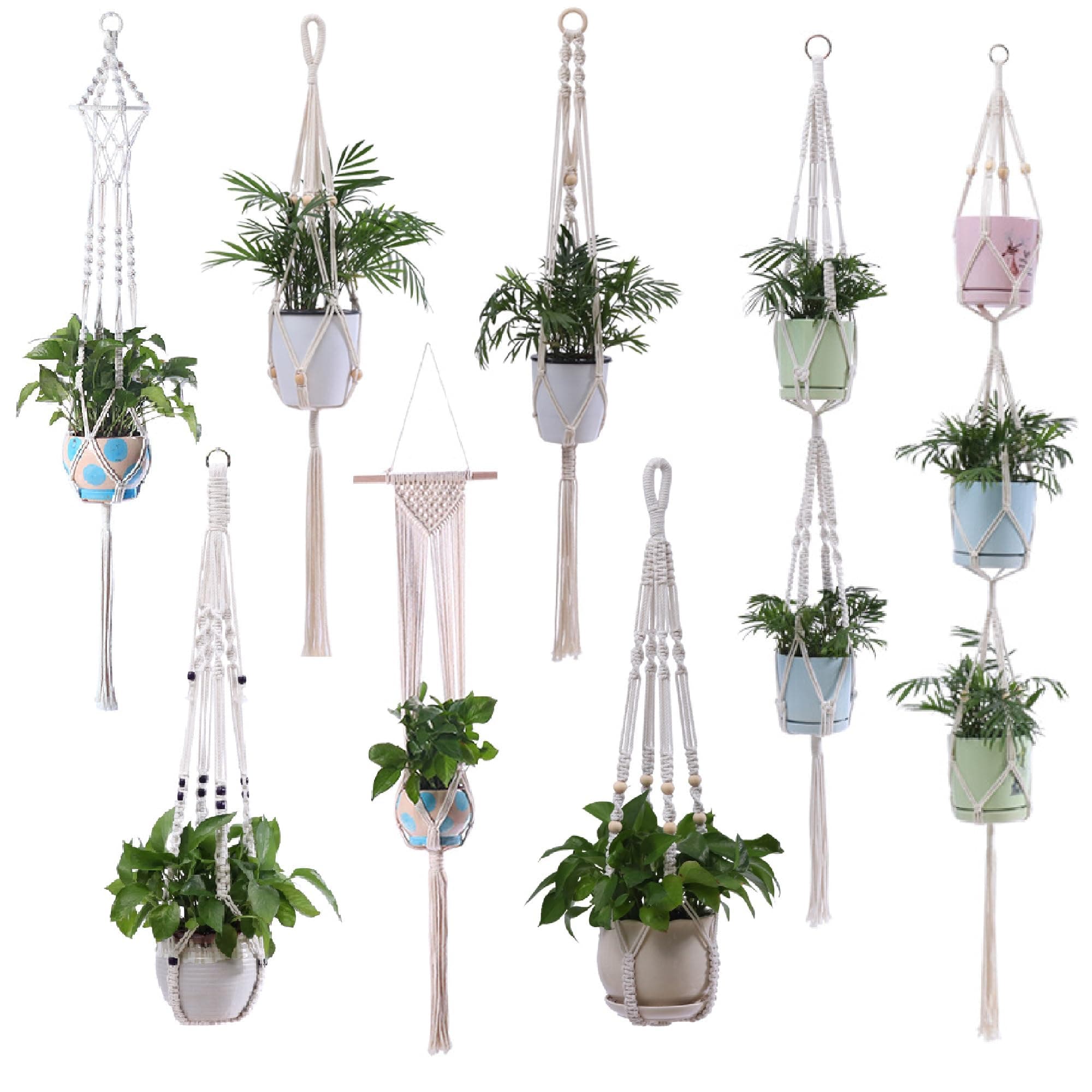 SOOFAMMacrame Plant Hanger, 8 Pack Cotton Rope Hanging Basket, Hanging Planters Set Flower Pots Holder Stand, Different Tiers，for Indoor Outdoor Decor for Restaurant, Hotel, Home
