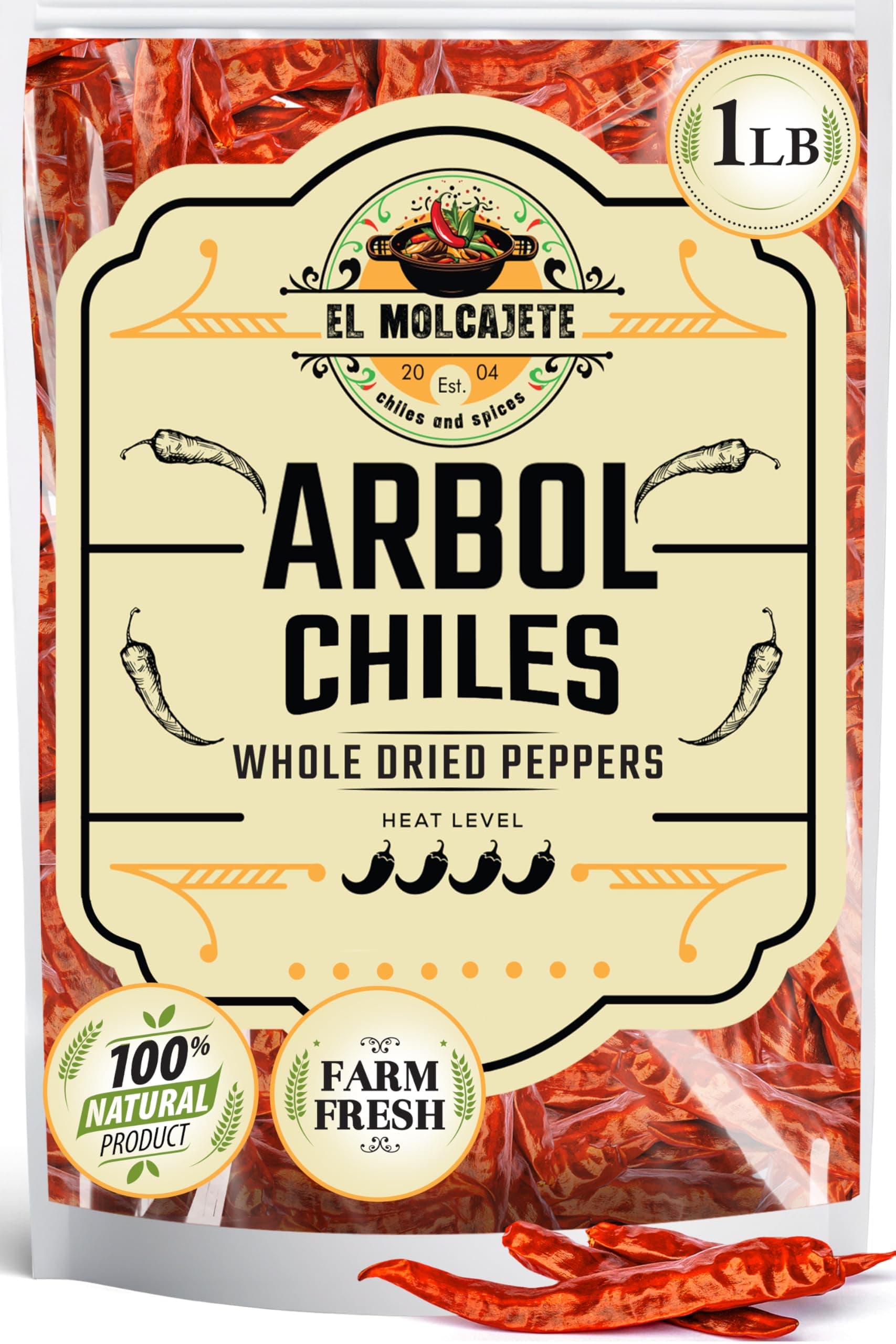 Arbol Chile Whole Dried Arbol Chile - 1 Lb - El Molcajete Brand for Mexican Recipes, Tamales, Salsa, Chili, Meats, Soups, Stews & BBQ