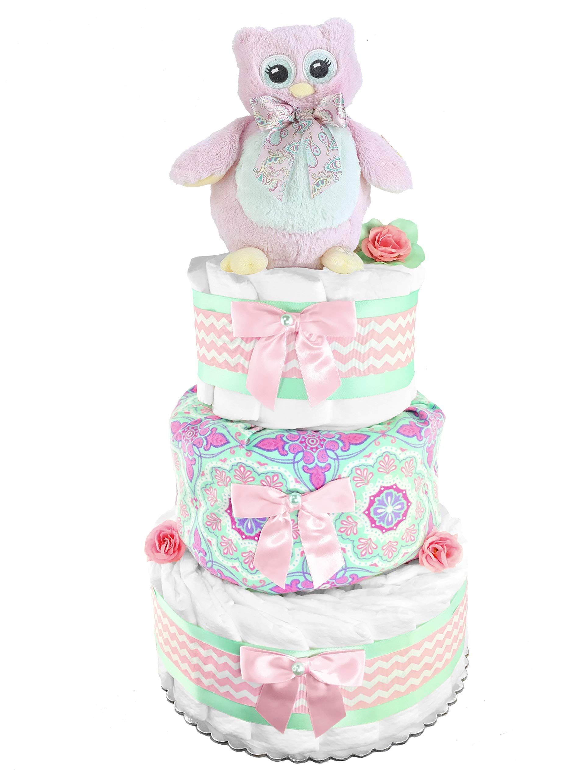 Owl 3-Tier Diaper Cake - Girl Baby Shower Gift - Newborn Gift - Mint and Pink