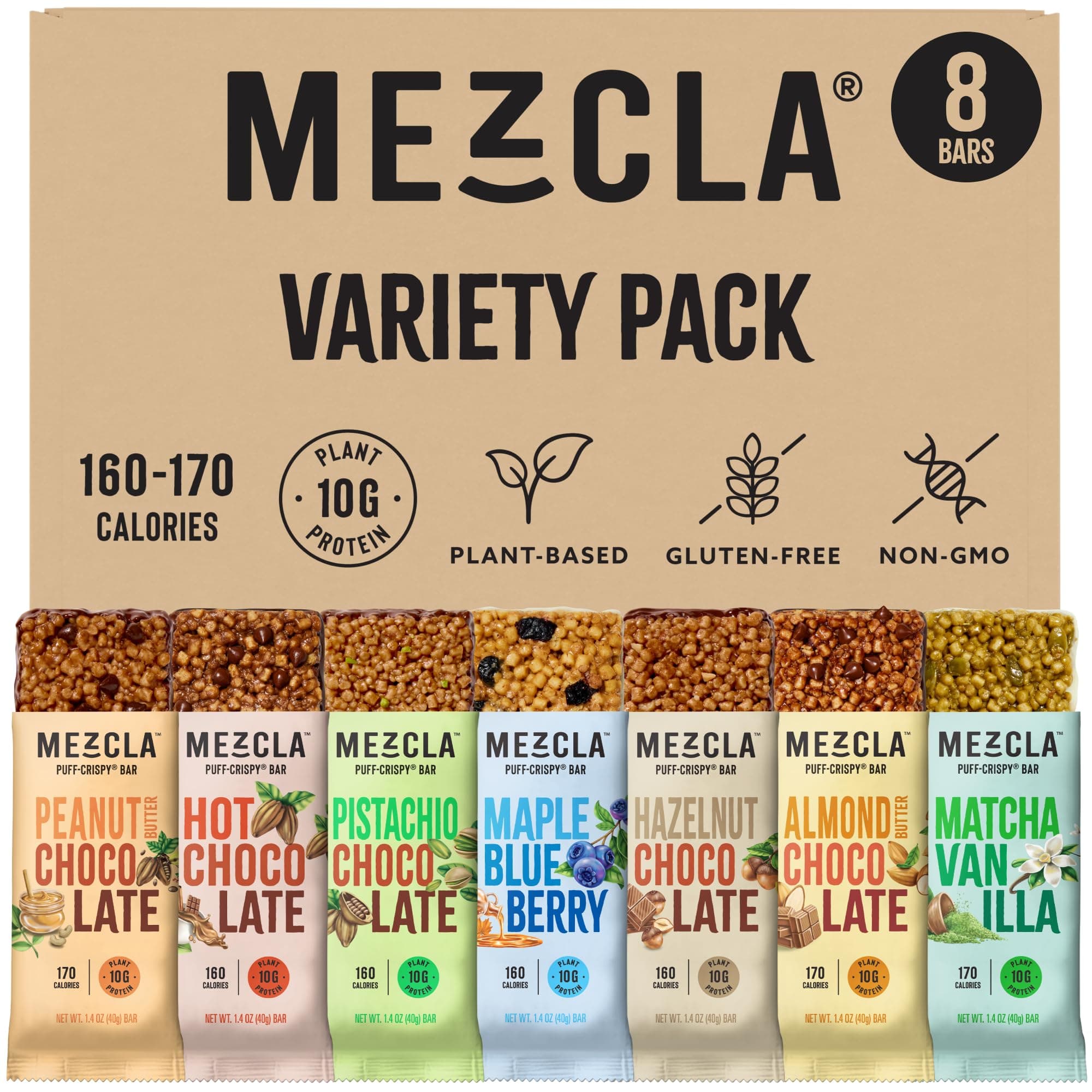 Mezcla Vegan Chocolate High Protein Bars, Gluten Free, Plant Based, Non GMO, No Dairy, 10g Protein, Healthy Snacks, Variety Pack (8 Bars)