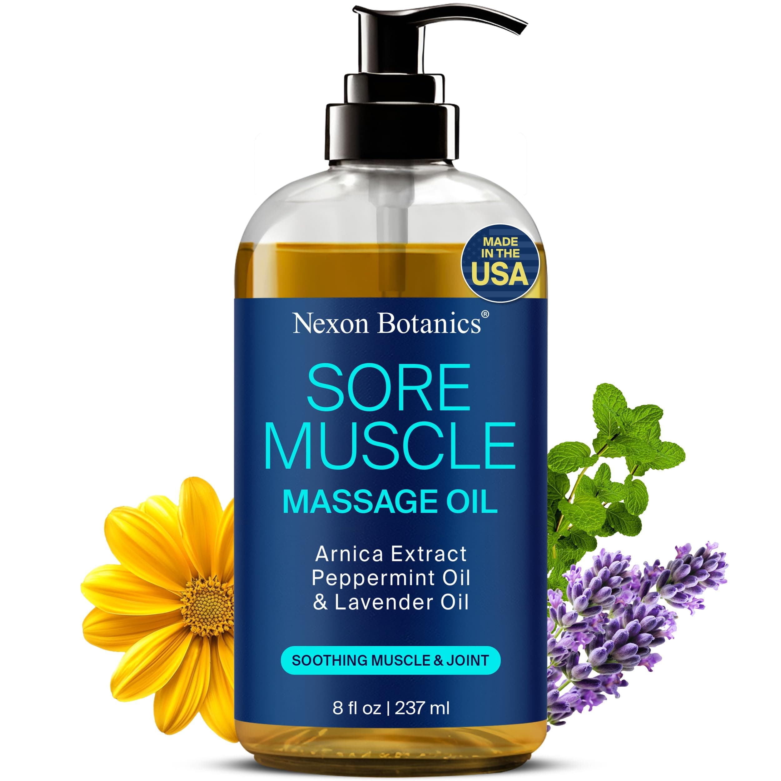Sore Muscle Massage Oil for Massage Therapy 8 fl oz - Refreshing and Relaxing - Natural Oils with Arnica, Peppermint and Lavender Oil - for Men and Women - Nexon Botanics