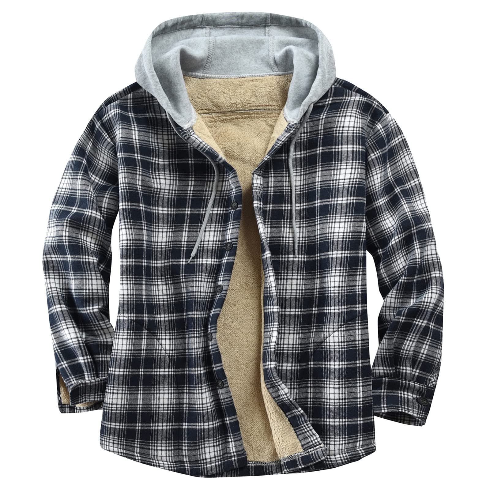 Derbars Men's Cotton Plaid Shirts Jacket Fleece Lined Flannel Shirts Sherpa Button Down Jackets with Hood for Men