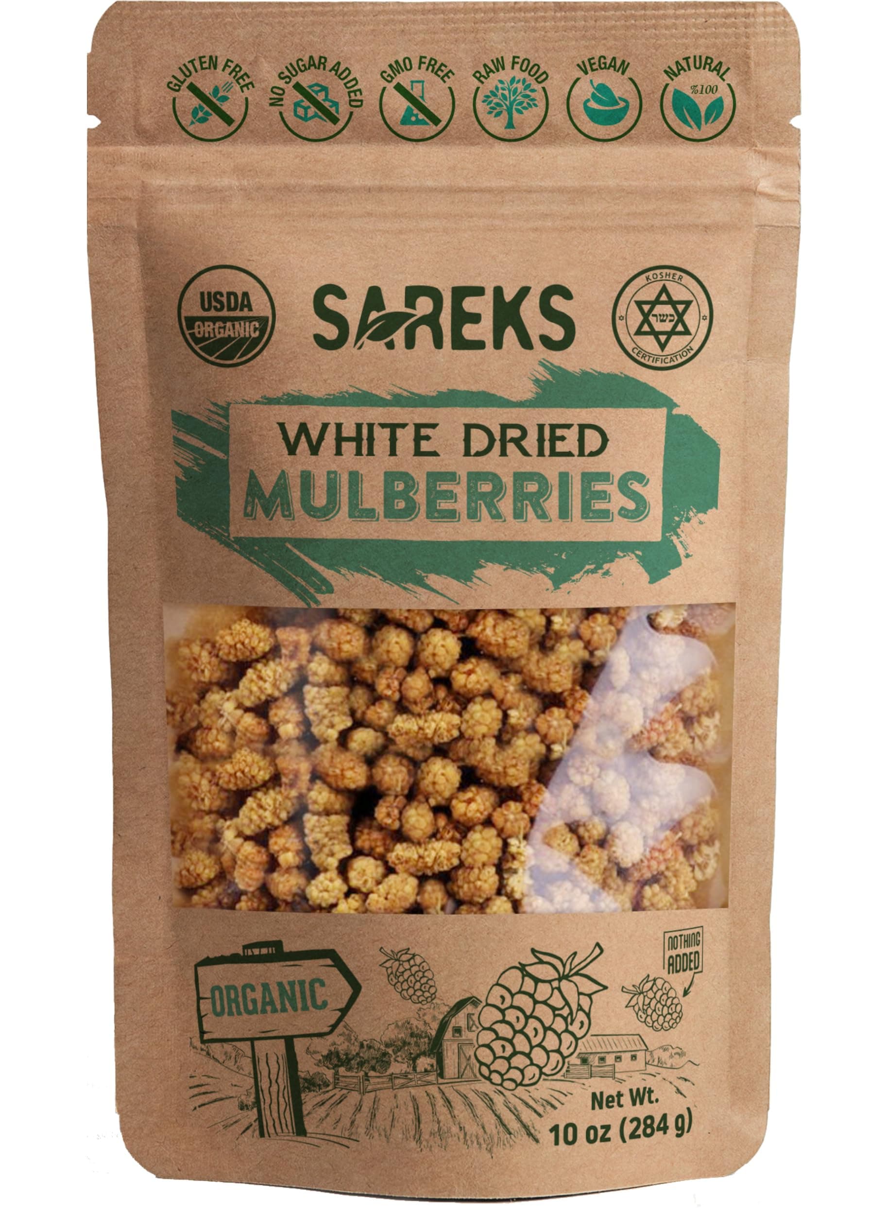 Sareks Organic Dried White Mulberries - Premium Quality, Certified 100% USDA Organic Snack Sun Dried Non-GMO & Gluten Free Product of Turkey - 10 oz Resealable Bag
