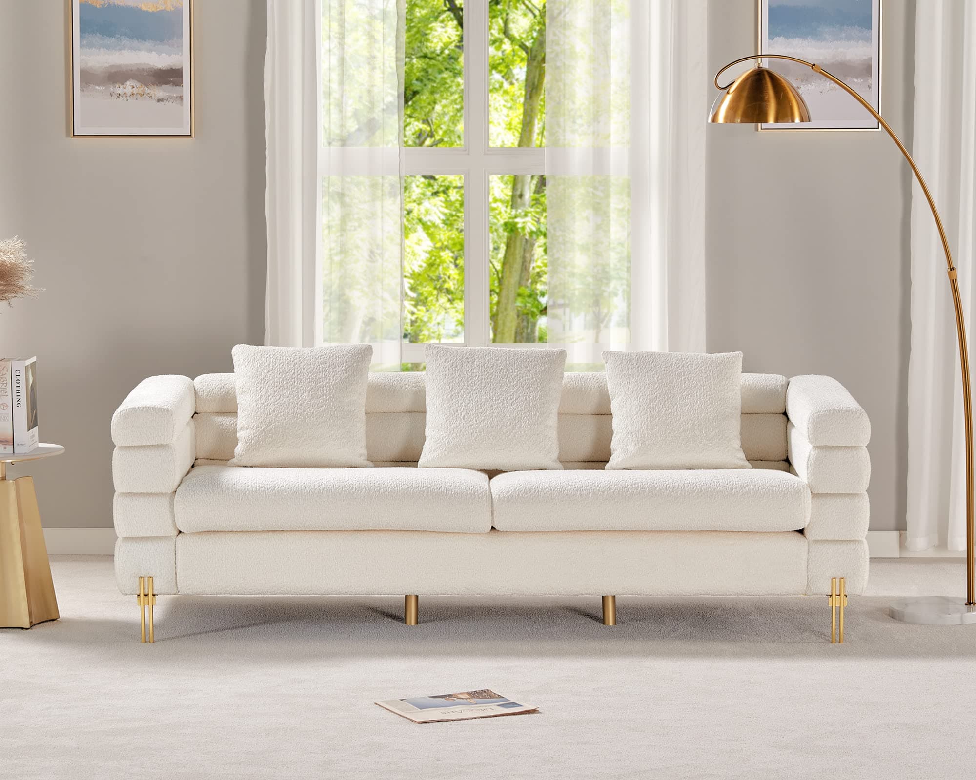 AMERLIFE Oversized White Boucle Sofa - 85 inch, 3 Seater, Deep Seat, Tufted Back & Arm, Modern Furniture