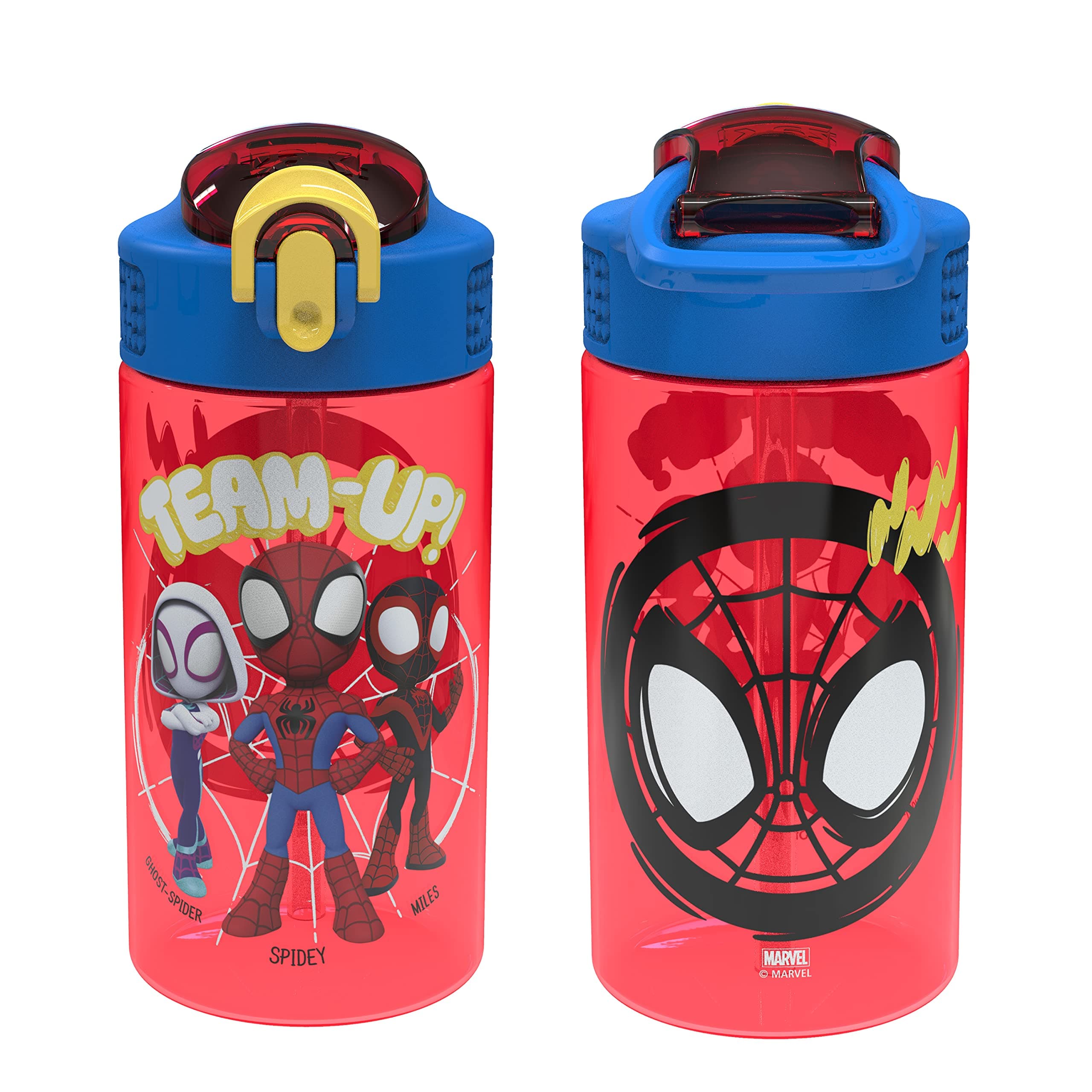 Marvel Spider-Man Kids Water Bottle with Spout Cover and Carrying Loop, Durable Plastic, Leak-Proof Water Bottle Design for Travel (16 oz, 2-Pack, Spidey and His Amazing Friends)