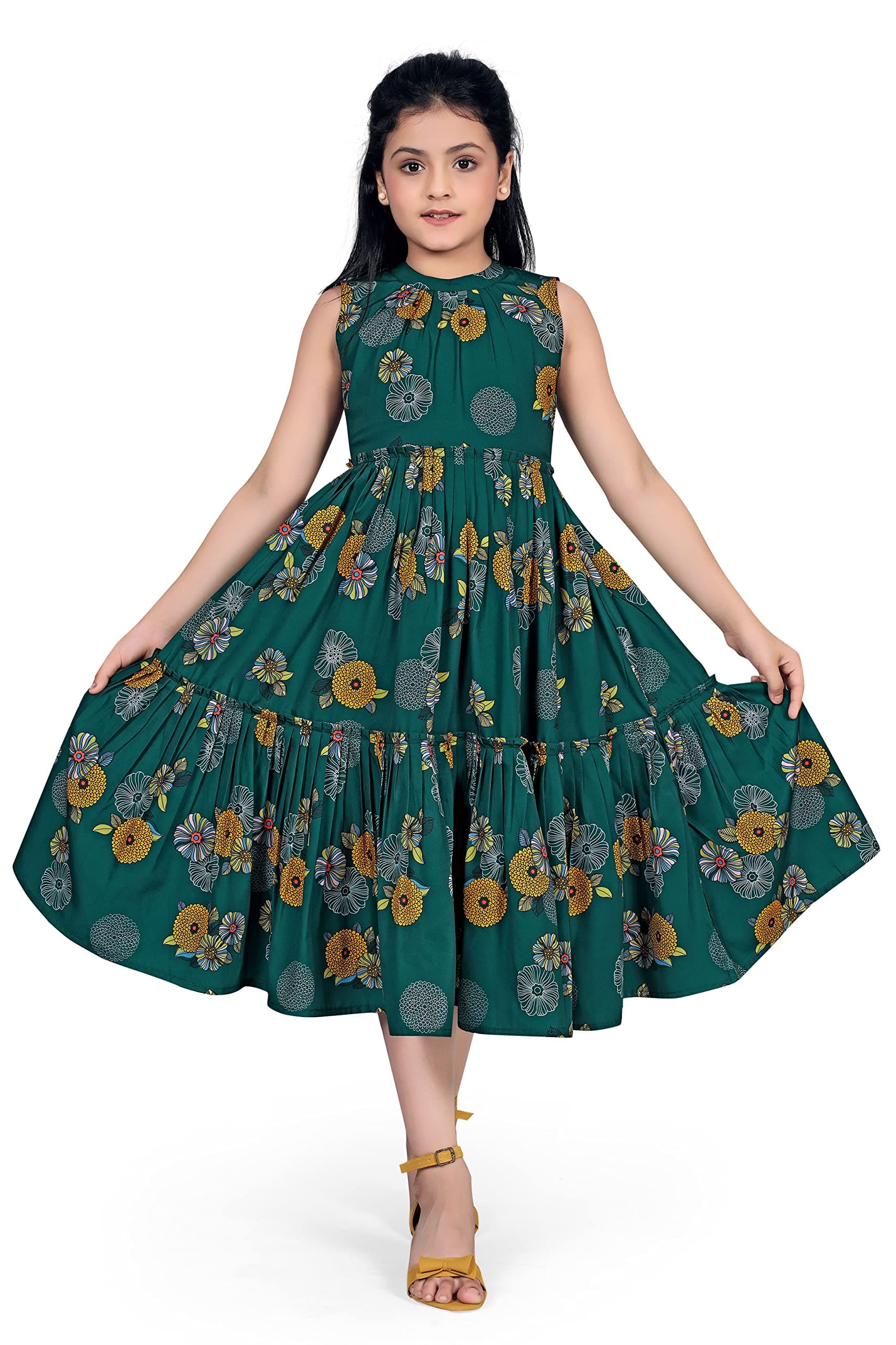 Fashion DreamGirl’s Crepe Calf Length Readymade Ruffle Dresses