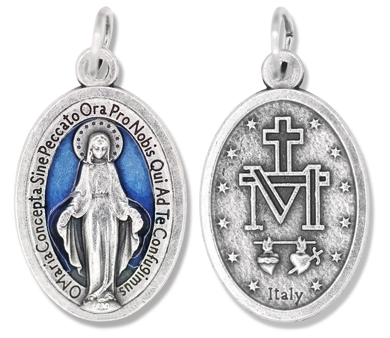 Bulk Pack of 5 - Miraculous Medal Pendant for Charm Bracelet or Necklace - 1 Inch Silver Oxidized with Blue Enamel Accent Miraculous Medals for Jewelry Catholic Made in Italy, no gemstone