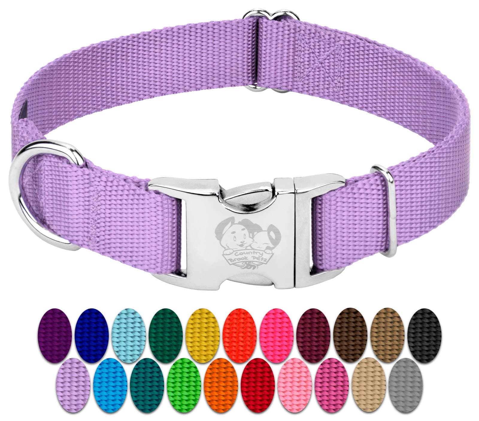 Country Brook Petz - Premium Nylon Dog Collar with Metal Buckle for Small Medium Large Breeds - 10+ Cool Colors (Large, 1 Inch, Lavender)