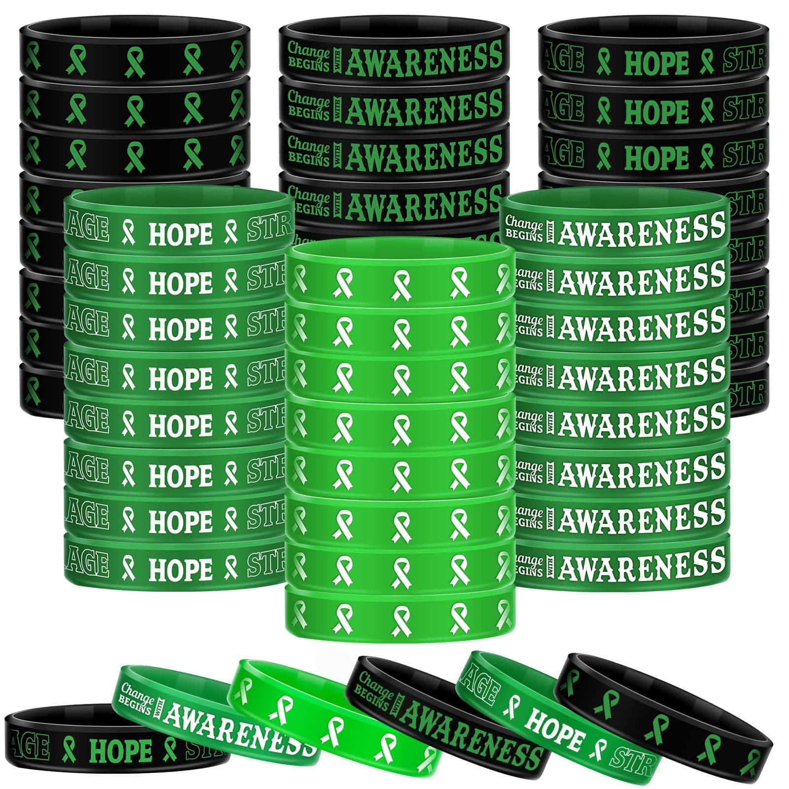 Sosation Mental Health Awareness Bracelet Green Awareness Ribbon Silicone Bracelets with Inspirational Saying Unisex Depression Bracelet for Women Men, 6 Styles