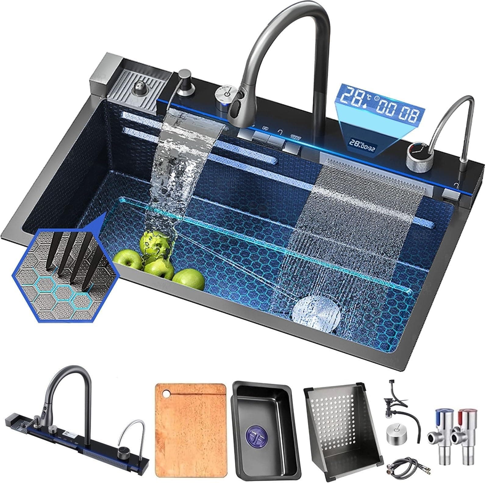 Black Nano Kitchen Sink Multifunctional Sink Stainless Steel Waterfall Sink Single Bowl Workstation Kitchen Sink with Digital Display Fly Rain Pull-Out Faucet (80x45x22CM)