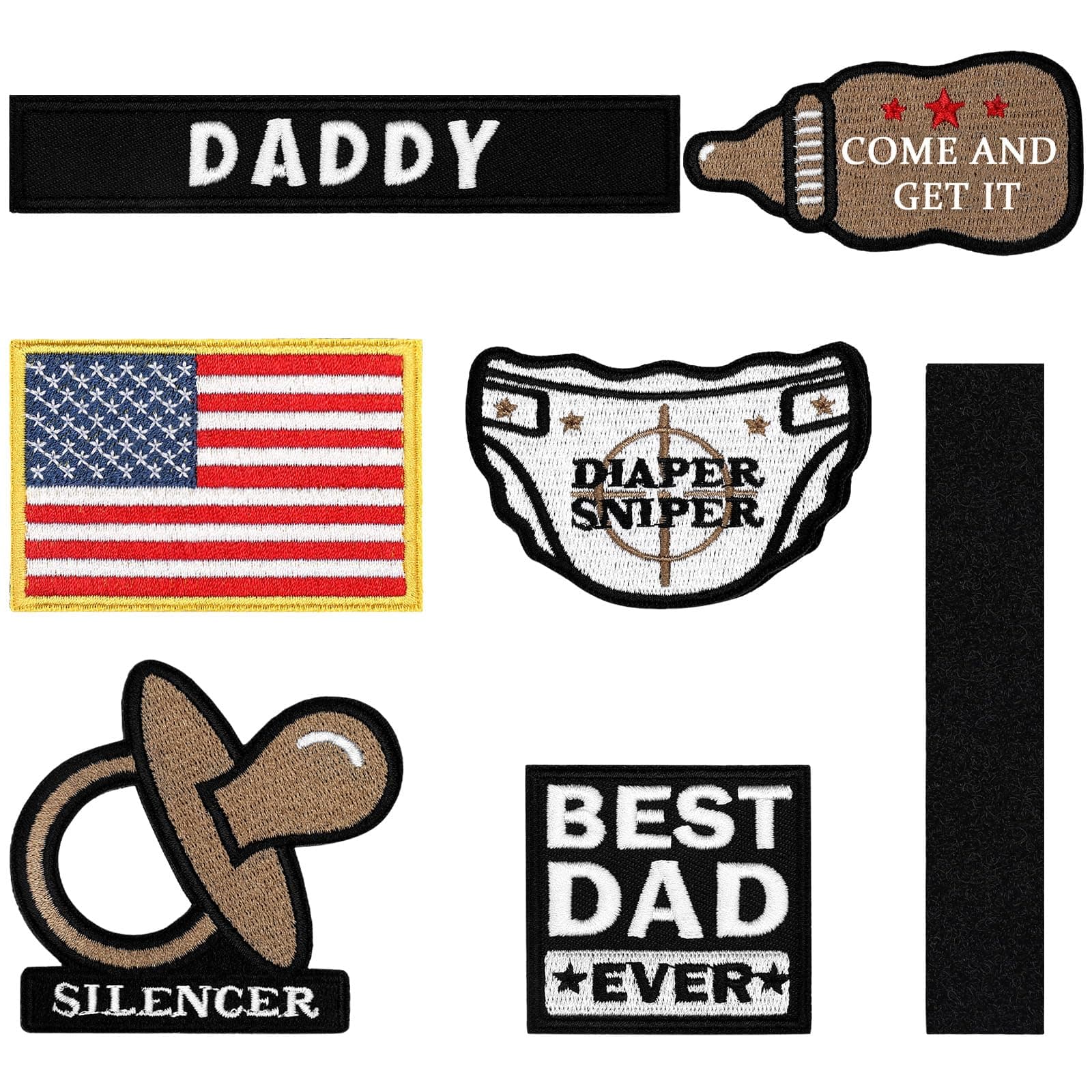 6 Pcs Daddy Tactical Patches Hook and Loop Patch for Dad Funny Tactical Patches Include Pacifier, Diaper, Bottle, and Flag Patches for Hats, Coats, Diaper Bags, Lunch Bags, Coats