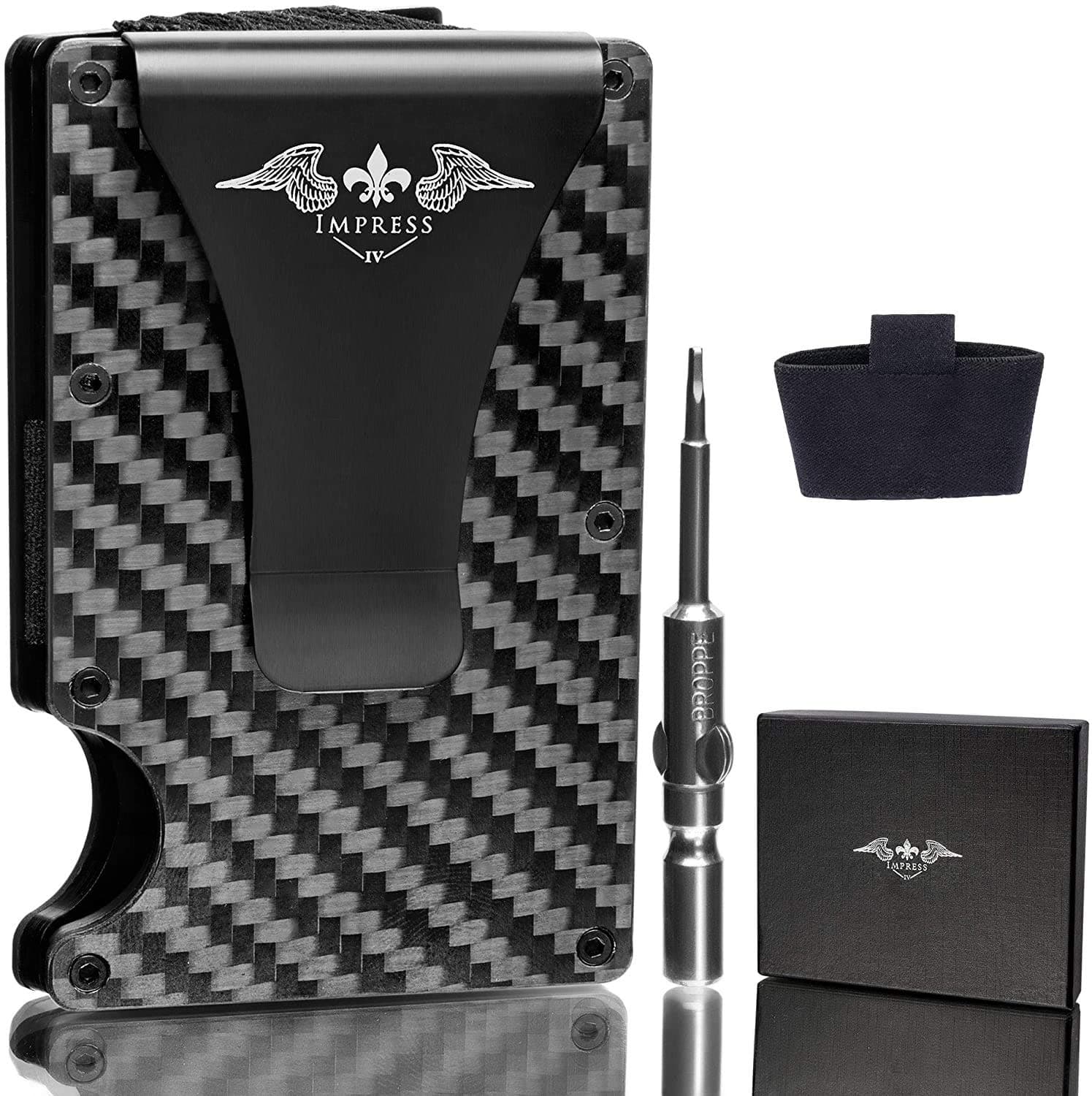 Carbon Fiber Wallet Money Clip | Minimalist Wallet Credit Card Holder Blocks RFID | The Perfect Gift „Money Clip“ for Men and Women | eBook and String replacement by Impress-for