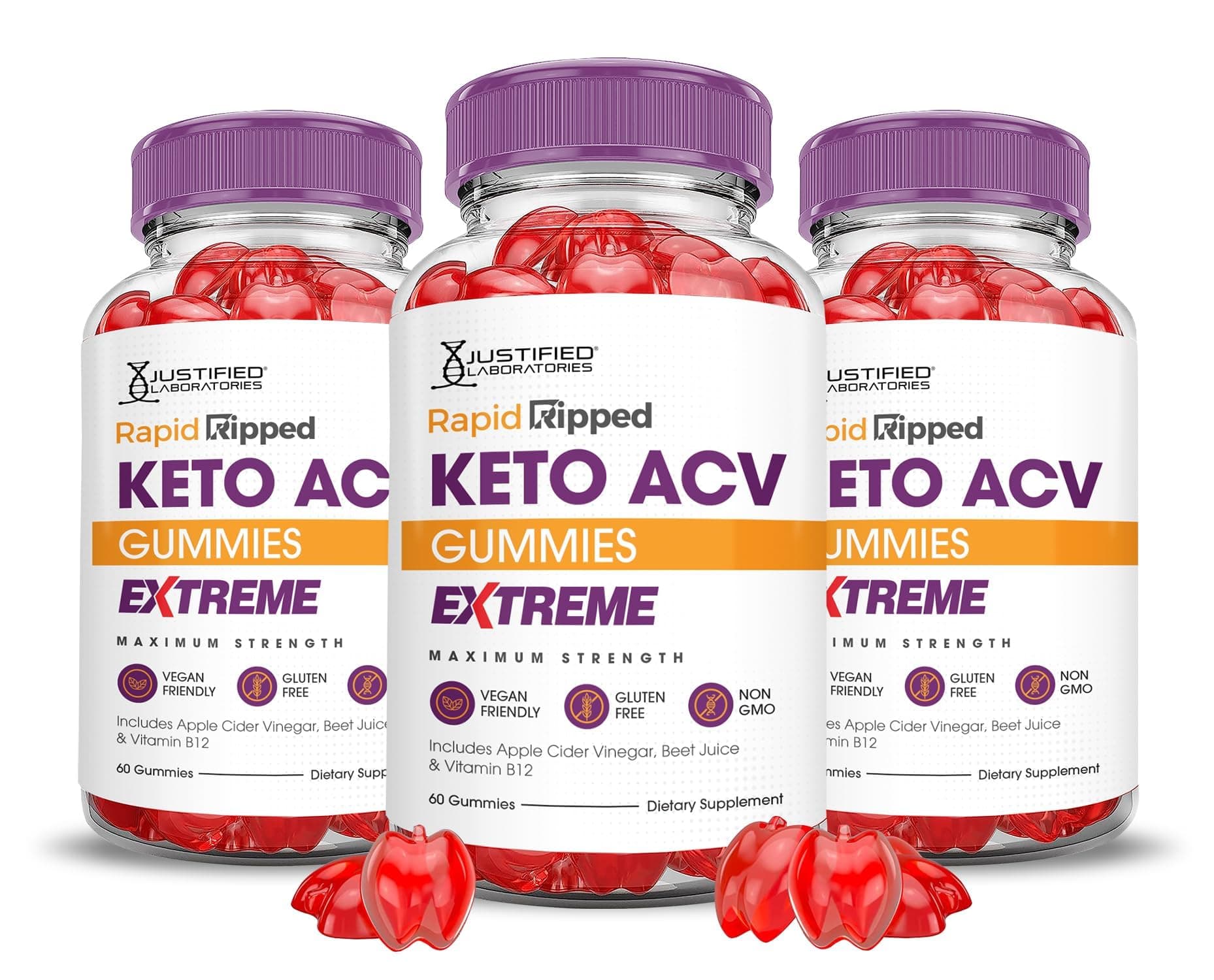 Justified Laboratories (3 Pack Rapid Ripped Keto ACV Gummies Extreme 2000MG Rapidripped Keto Gummies Apple Cider Vinegar Formulated with Pomegranate Beet Juice Powder B12 Vegan Non GMO 180 Gummys