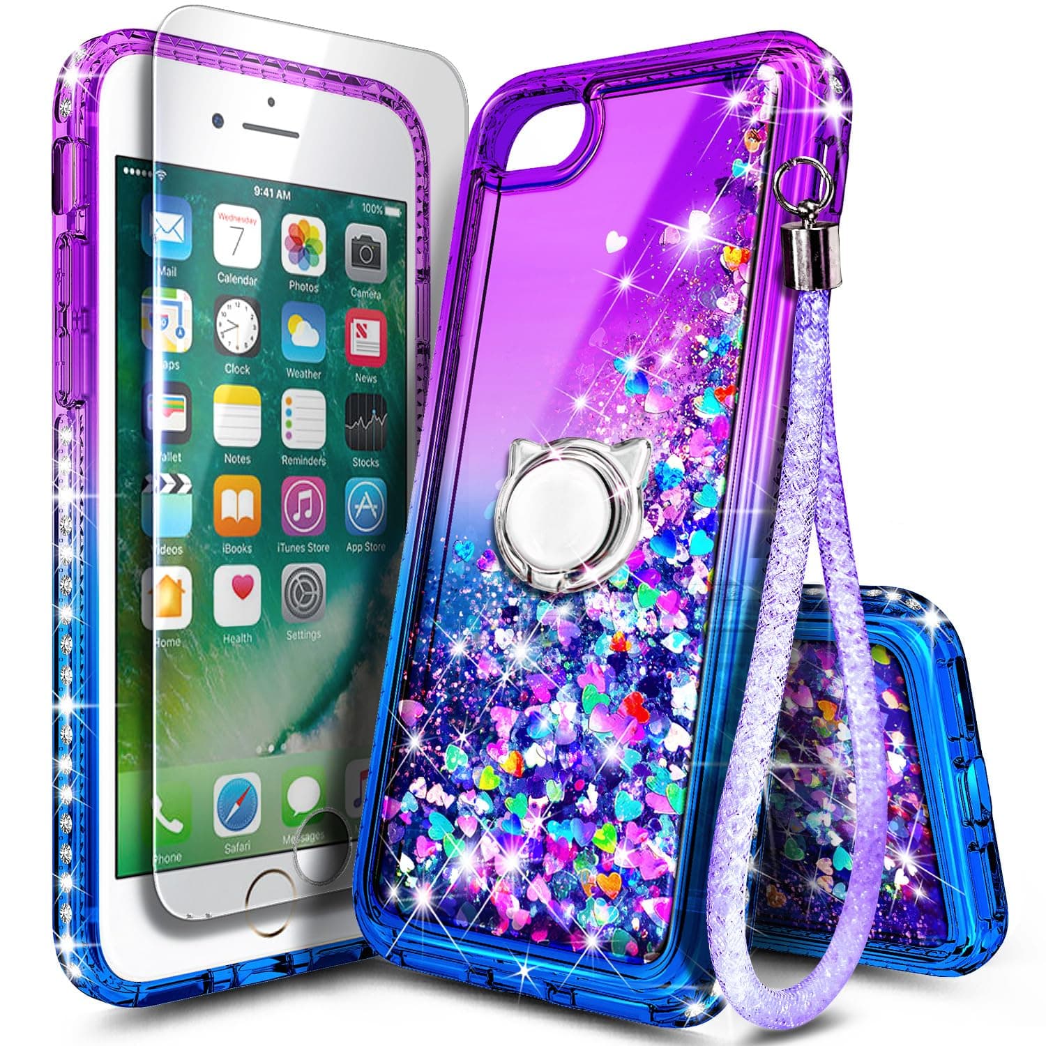 NGB Supremacy Compatible for iPhone 8 Plus Case, iPhone 7 Plus /6 Plus /6S Plus with Tempered Glass Screen Protector, Ring Holder, Girls Women Kids Liquid Bling Sparkle Glitter Cute Case (Purple/Blue)
