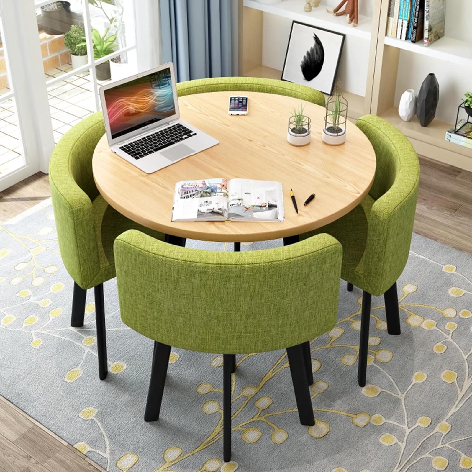 Round Kitchen Dining Table Set for 4, Space Saving Table and Chairs Set with Thick Tabletop 4 Upholstered Chairs, Dinning Room Modern Casual Coffee Table Set(D 31.5inch/80cm, Green)
