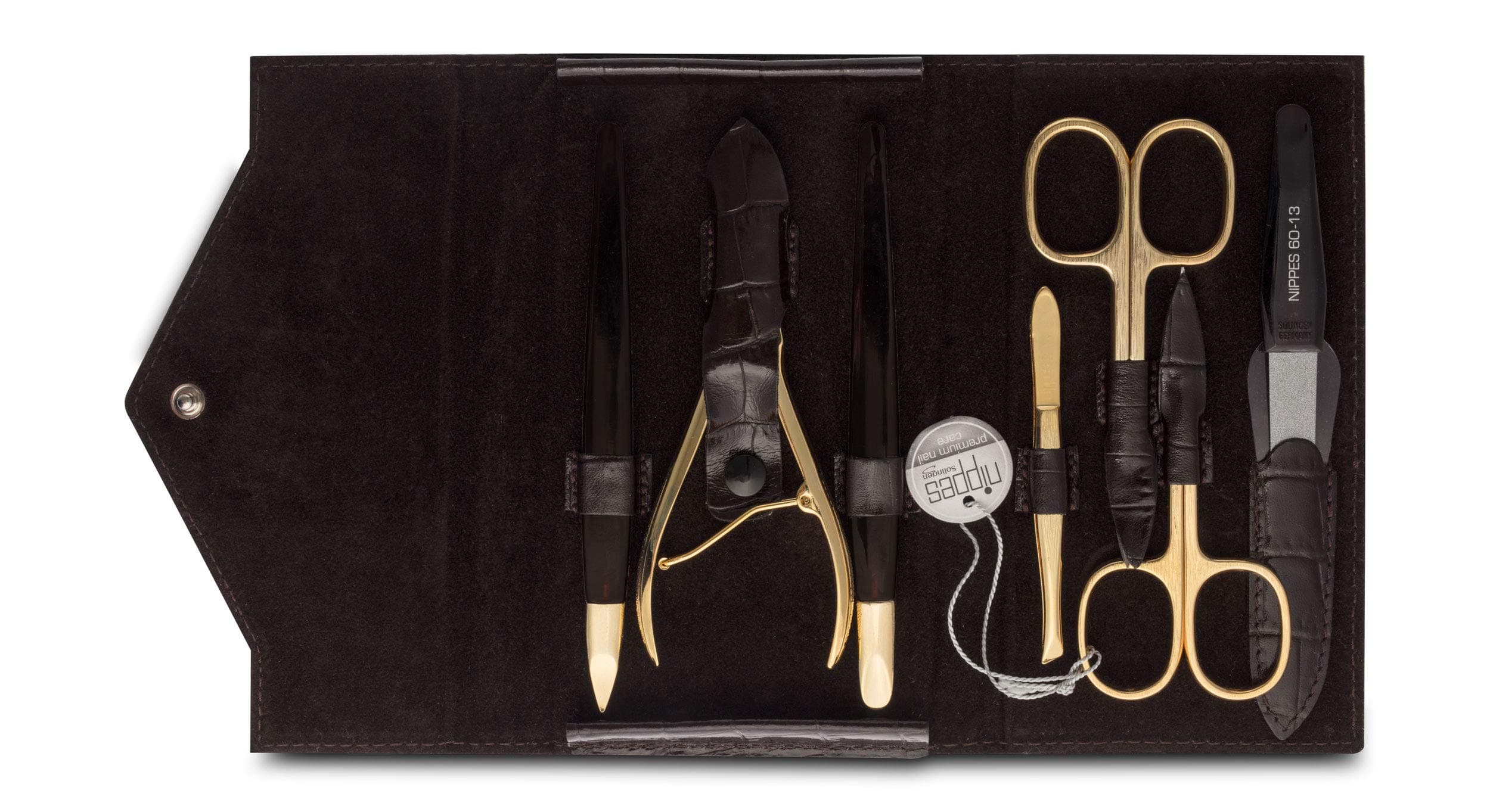 Nippes Solingen Manicure Set, 7-Pieces, Gilded Instruments, Genuine Cowhide Leather Case in Crocodile Design