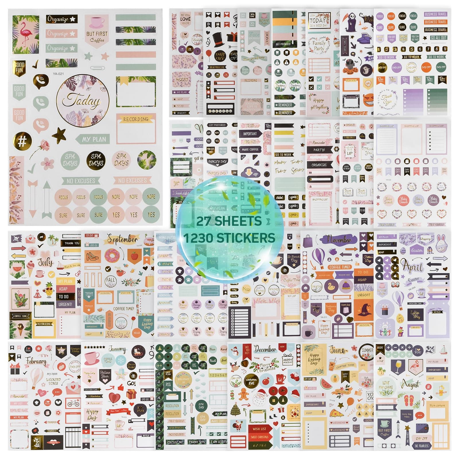 Nivofu Gold Foil Planner Stickers, 27 Sheets/1230 Stickers, Aesthetic, Seasonal, Work, Daily, Budget, Family, Holidays