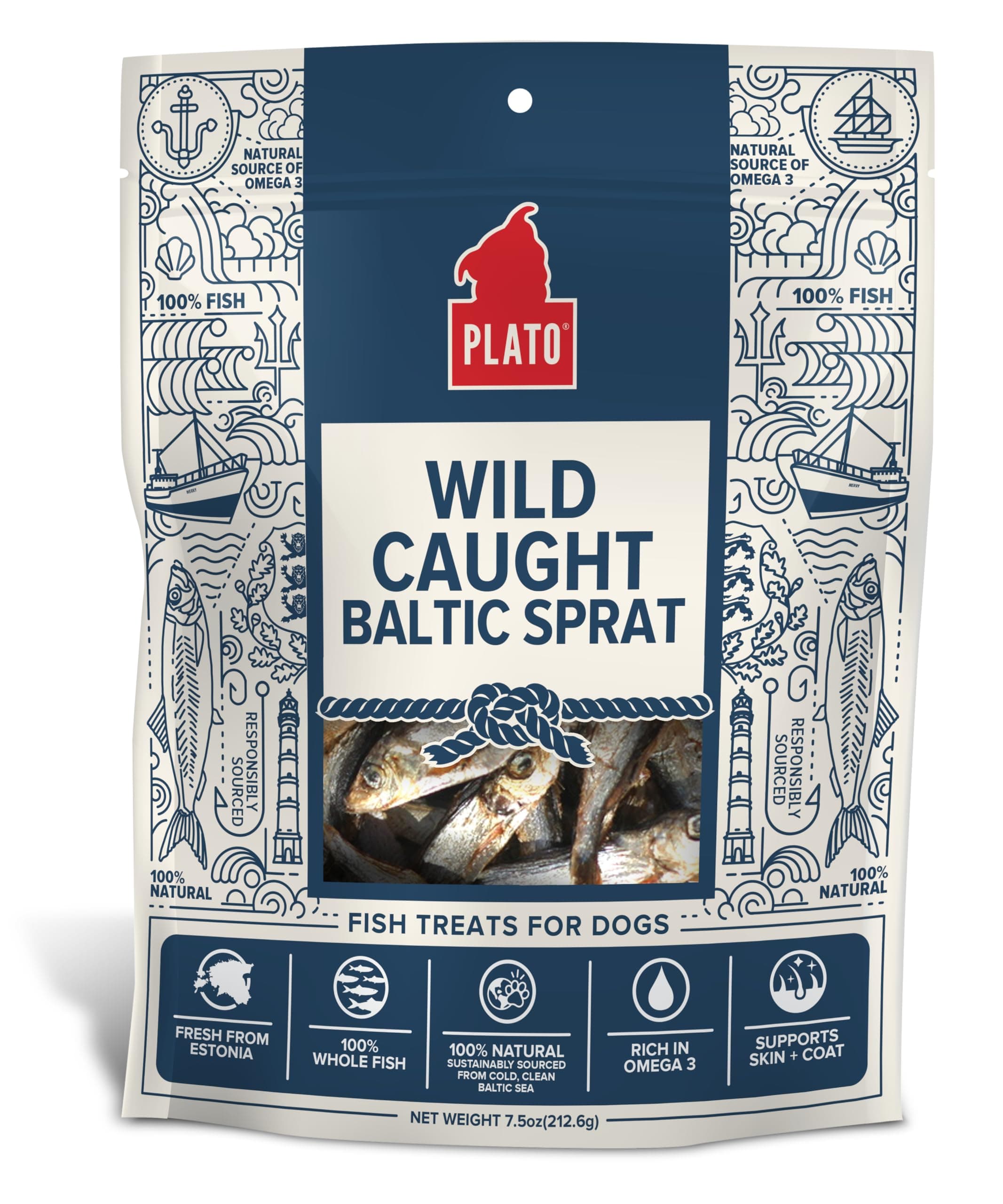 PLATO Pet Treats Fish Dog Treats - Air-Dried, Single Ingredient Dog Treat - with Omega 3 & 6 Fatty Acids to Support Skin and Coat - 100% Whole Fish - Wild Caught Baltic Sprat Dog Treats - 7.5 oz