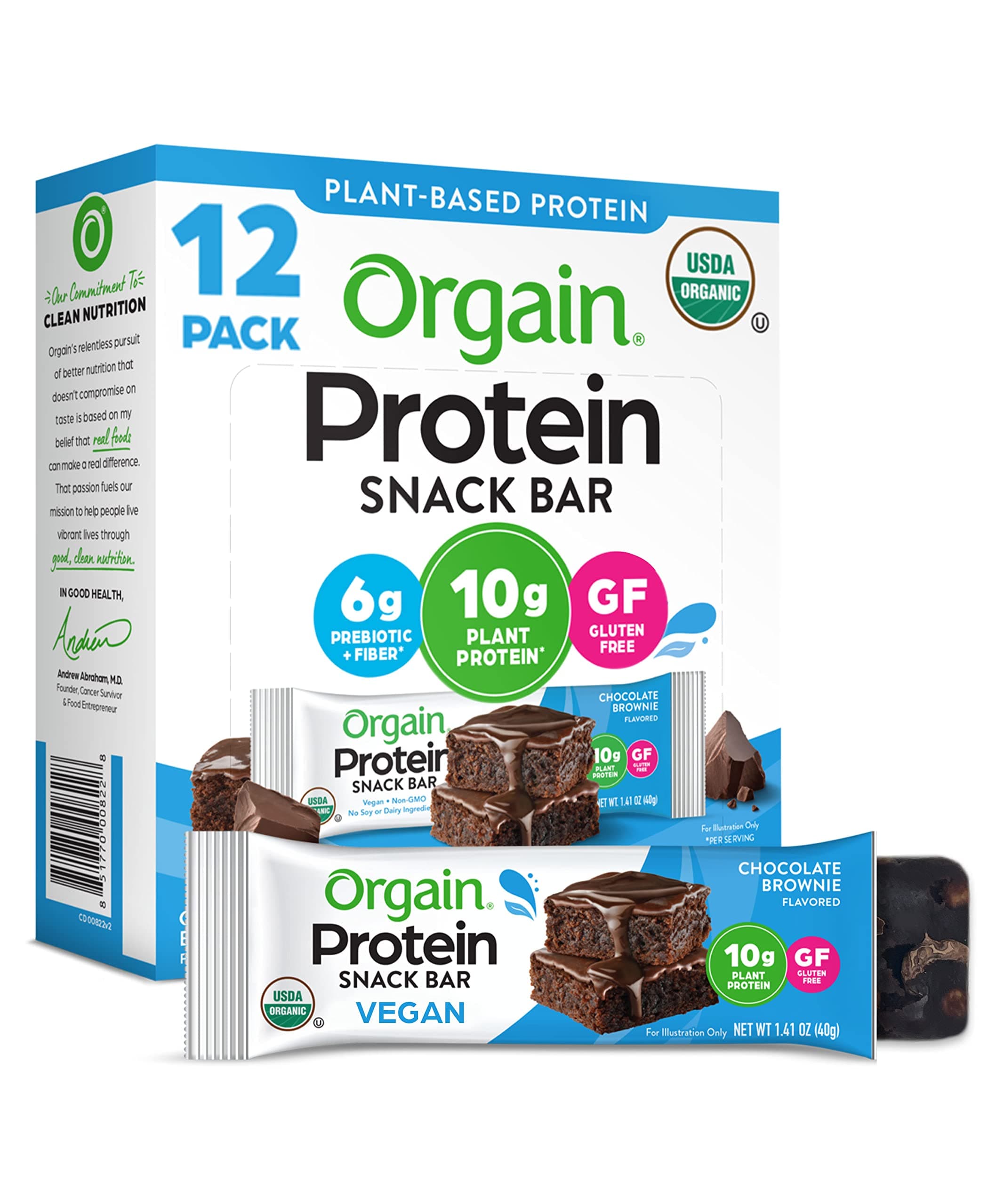 Organic Vegan Protein Bars, Chocolate Brownie - 10g Plant Based Protein, Low Calorie Healthy Snacks, No Lactose or Soy Ingredients, Gluten Free, Non-GMO - 1.41 Oz (Pack of 12)