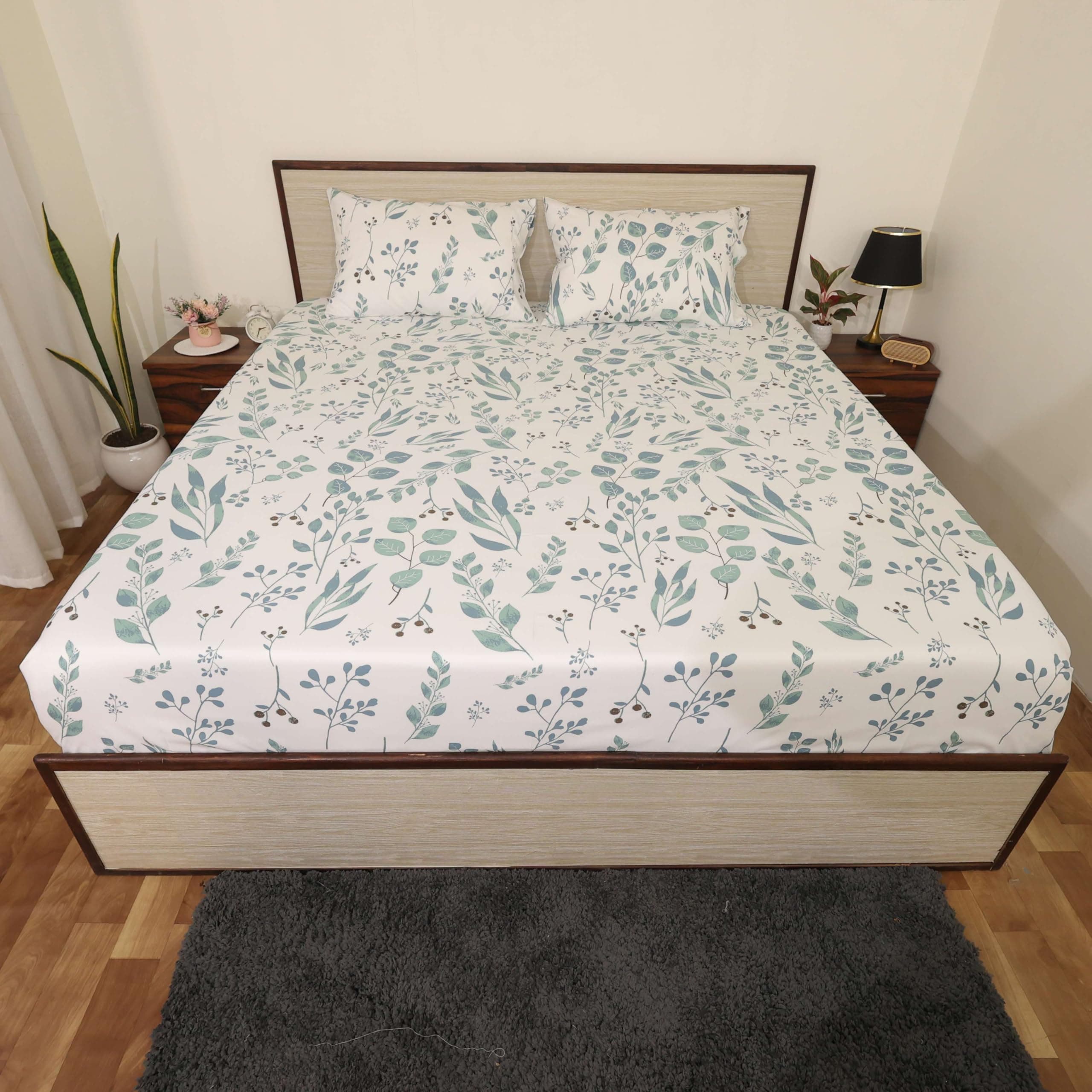 Single Bedsheet Set Light Weight & Durable Bedsheets for Single Bed,Wrinkle Free Hypo-Allergenic Single Bed Sheet with 2 Pillow Cover (Tranquil Green Petals)