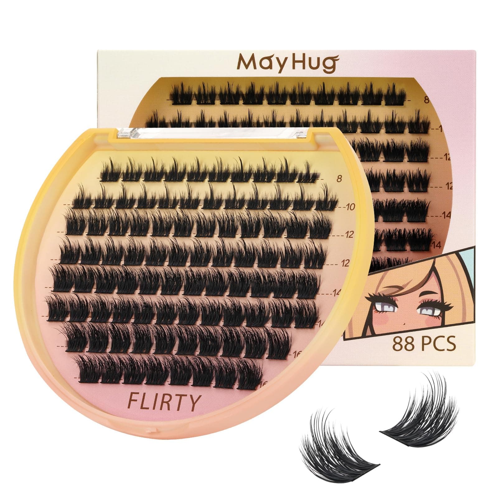 MayHug Lash Clusters DIY Eyelash Extensions 88 Cluster Lashes D Curl Manga Lashes Individual Wispy Lashes Cluster Fluffy Soft Volume Eyelash Clusters Extensions DIY at Home (Flirty,Mix 8-16mm)