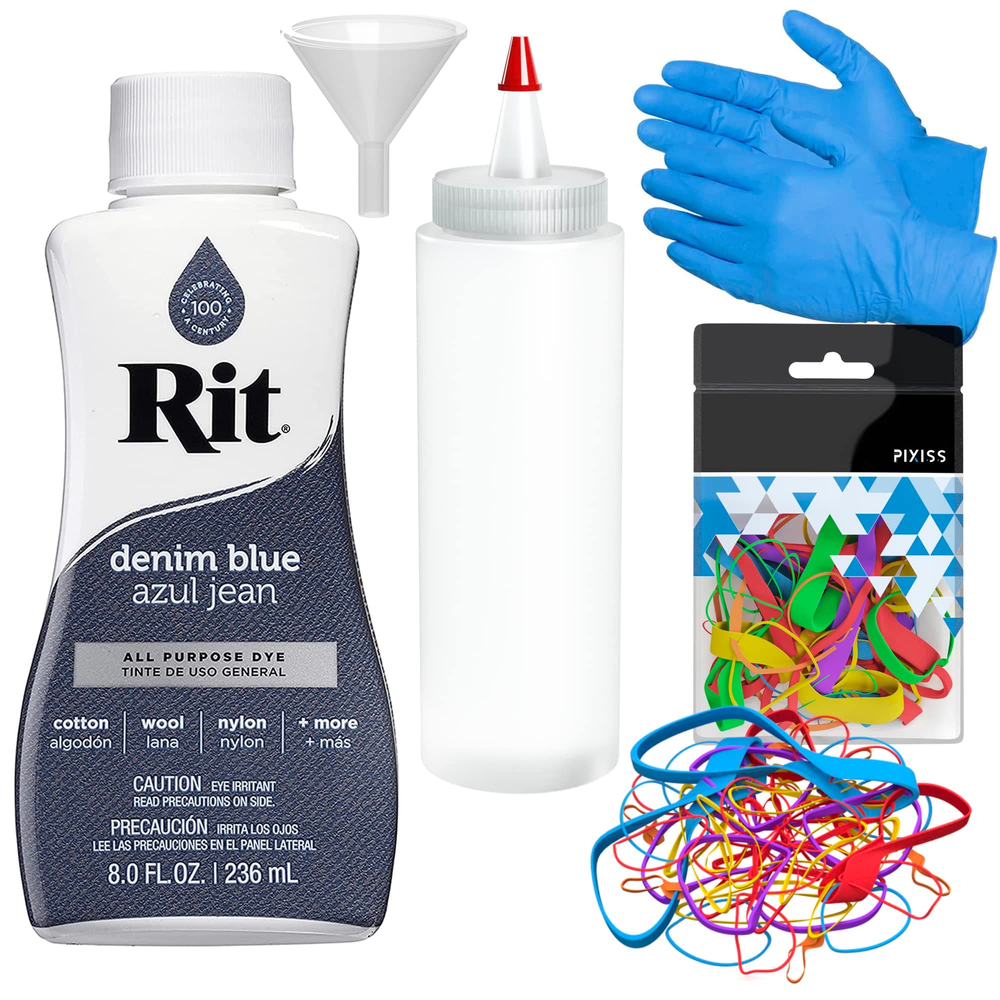 Rit Dye Liquid Denim Blue All-Purpose Dye (8oz) - Pixiss Tie Dye Kit and Accessories Set Bundle with Rubber Bands, Gloves, Funnel and Squeeze Bottle - Tie Dye Party Supplies
