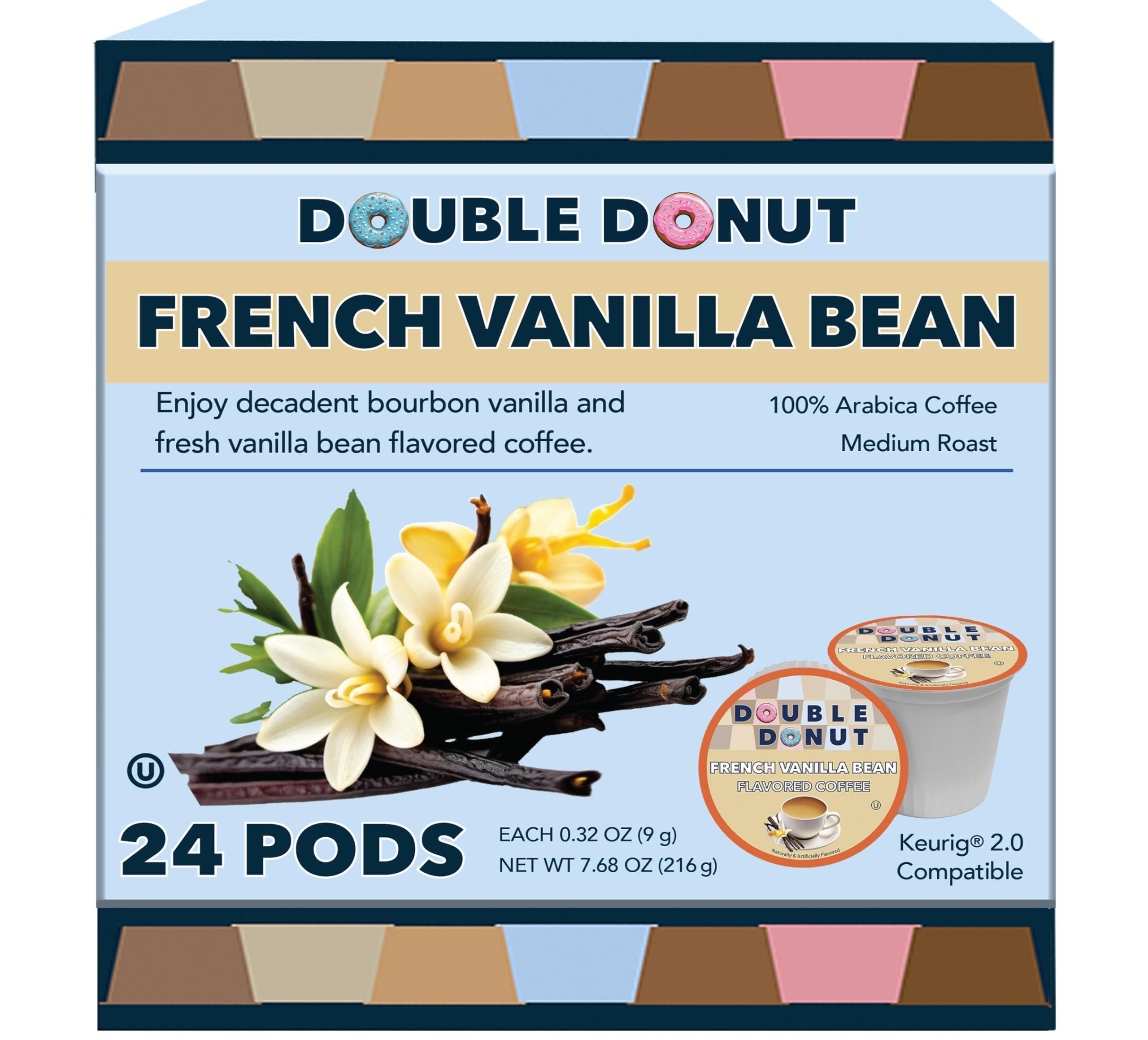 Double Donut Coffee French Vanilla Coffee Pods, Vanilla Bean Flavored in Recyclable Single Serve Vanilla Pods for the Keurig K Cups Coffee Makers, Medium Roast, from Double Donut - 24 Count