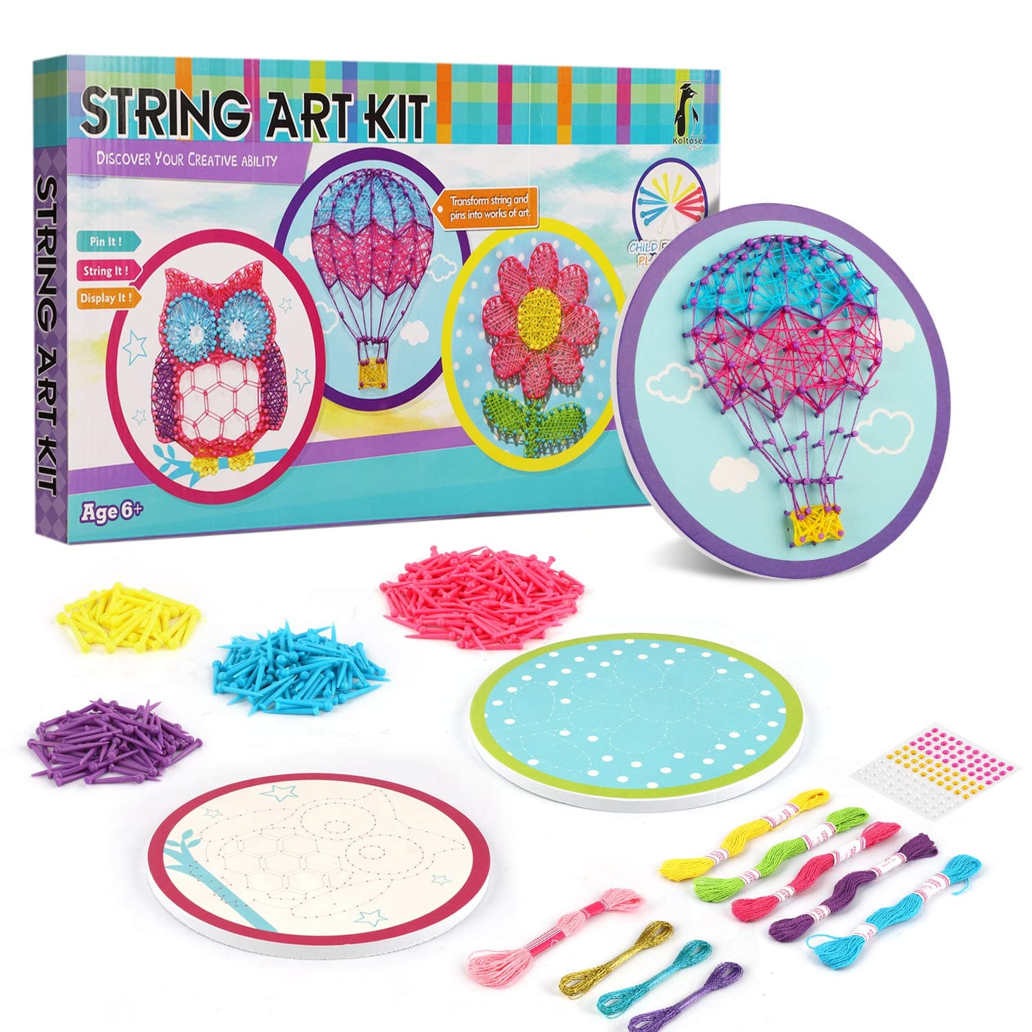 Koltose by Mash String Art Craft Kit for Kids - Triple Art Project for Girls and Boys Ages 6-15, with Child Safe Plastic Pins, Makes an Owl, Hot Air Balloon, and a Flower String Art Canvases