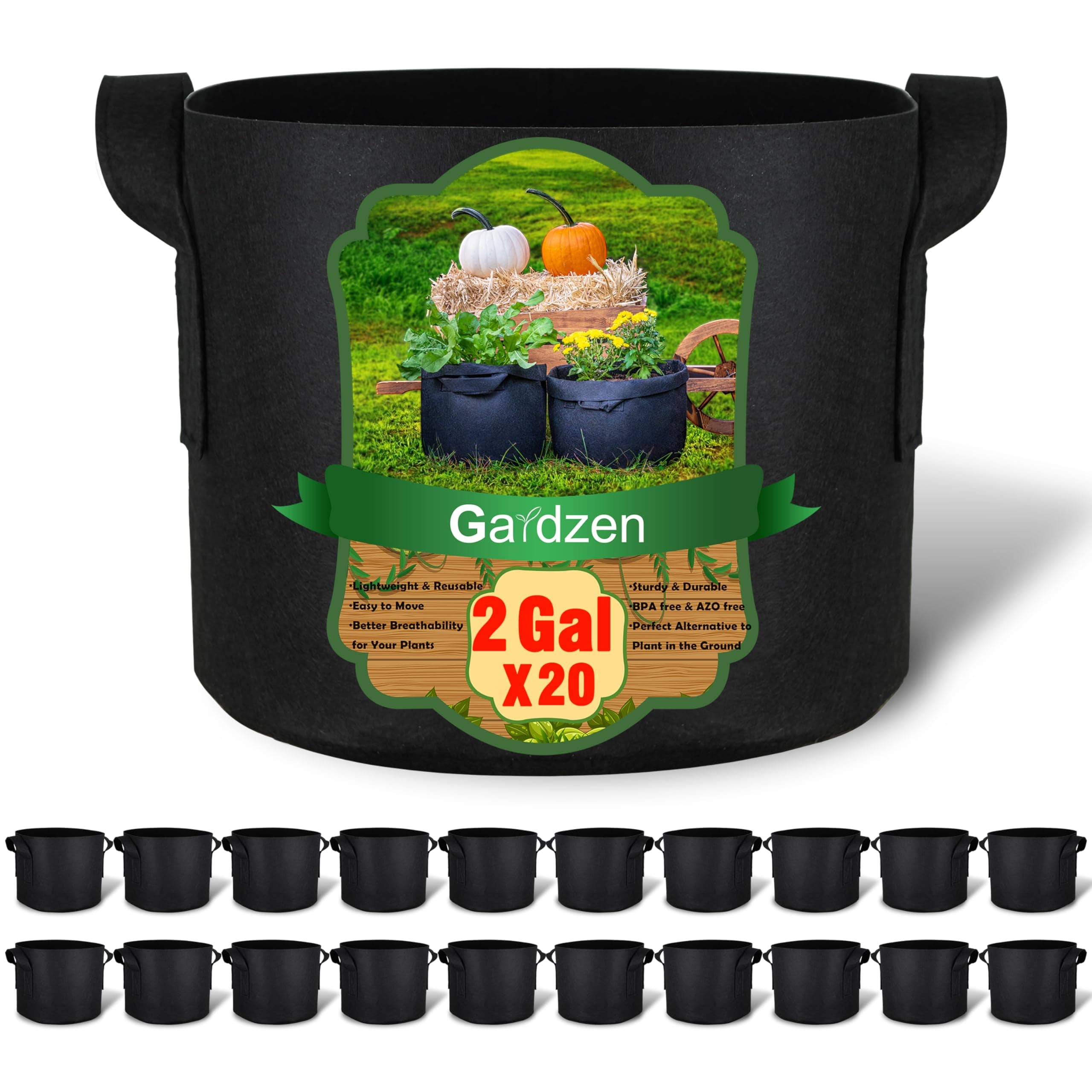 Gardzen 20-Pack 2 Gallon Grow Bags, Aeration Fabric Pots with Handles, Heavy Duty Plant Bags for Plants