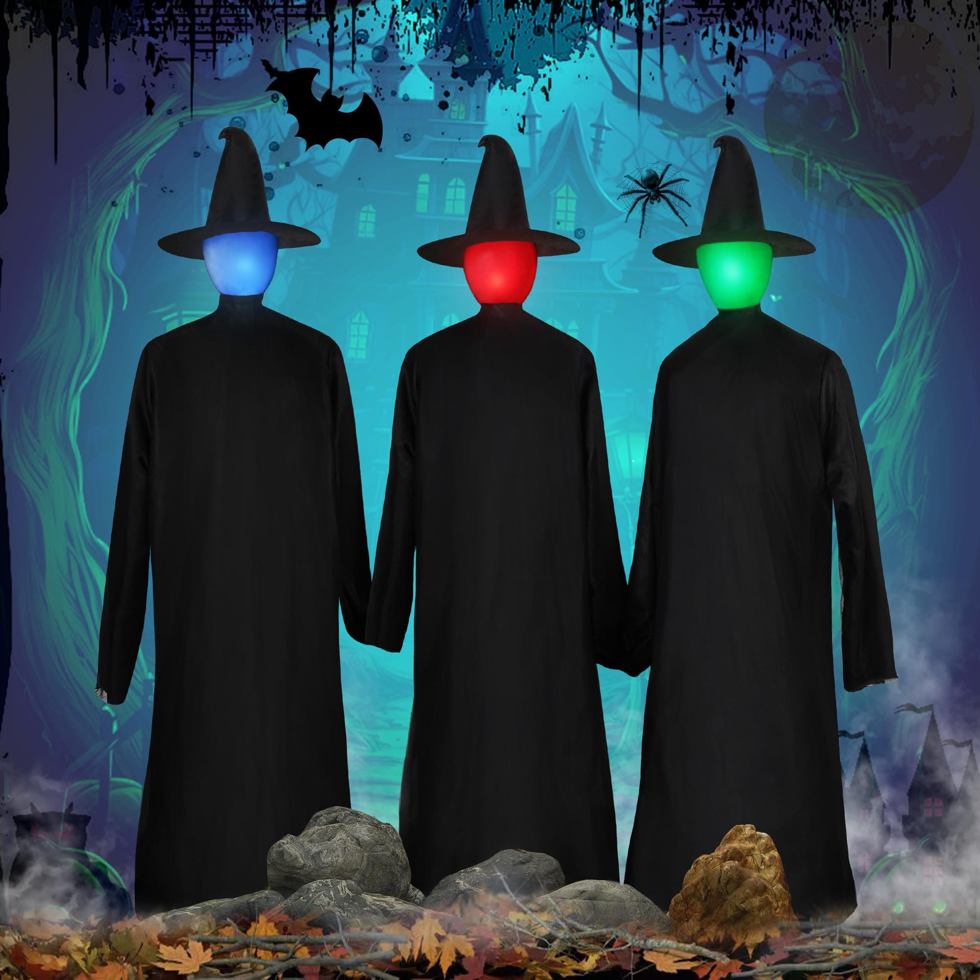 COOLWUFAN 6 FT Halloween Witch Decorations Outdoor, 3 Pack Witches Décor with Multicolored Light Up Head and Scary Sound (Sound Activation) for Yard Lawn Garden Outside