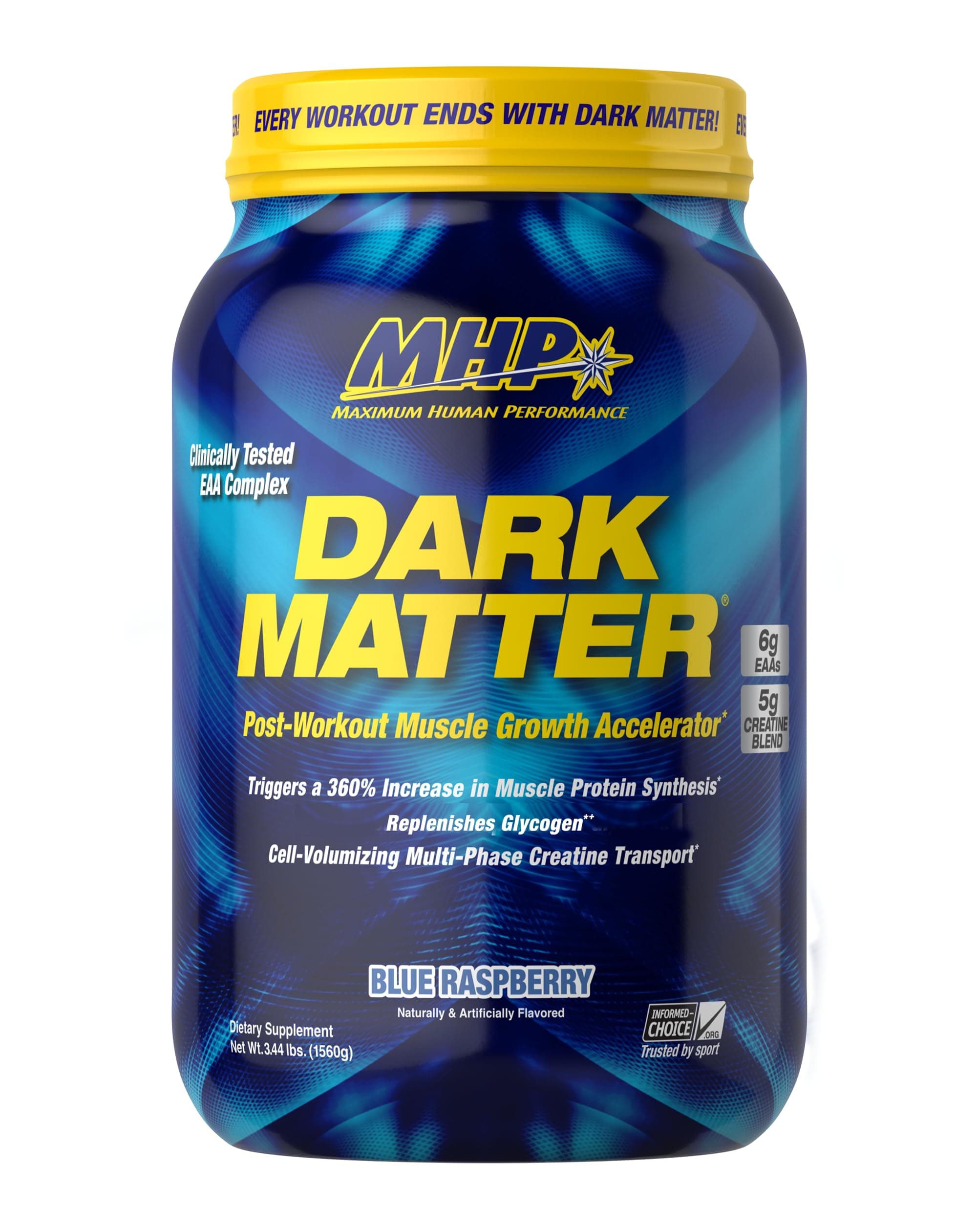 Maximum Human Performance MHP Dark Matter Post Workout, Recovery Accelerator, w/Multi Phase Creatine, Waxy Maize Carbohydrate, 6g EAAs, Blue Raspberry, 20 Servings