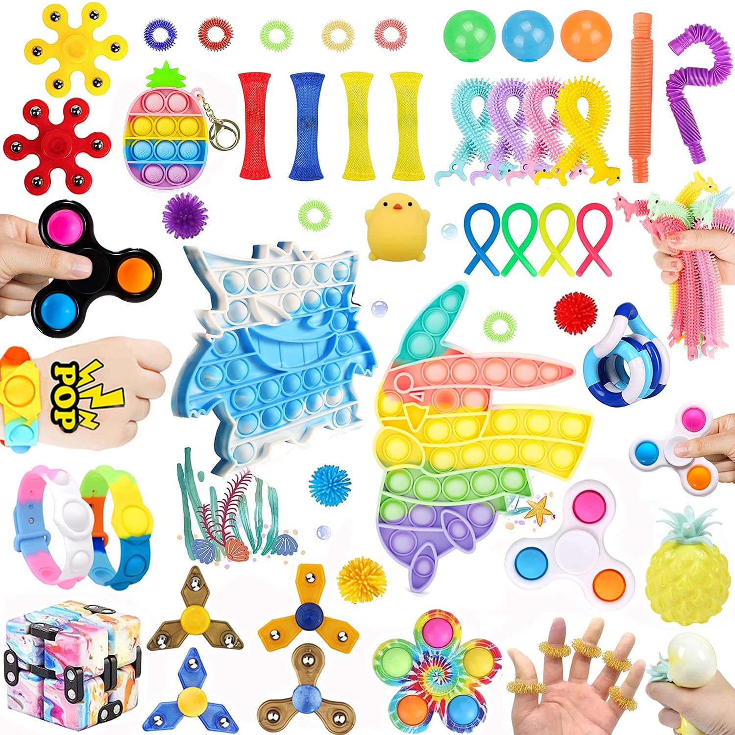 50 Pcs Pokemon Fidget Toys Set Cheap,Figetget toys set Pack,Pikachu Push Bubble Fidget Sensory Toy, Pop it Fidget Toys With Needohball Fidget Cube Fidget Spinners Stress & Sticky balls, Etc