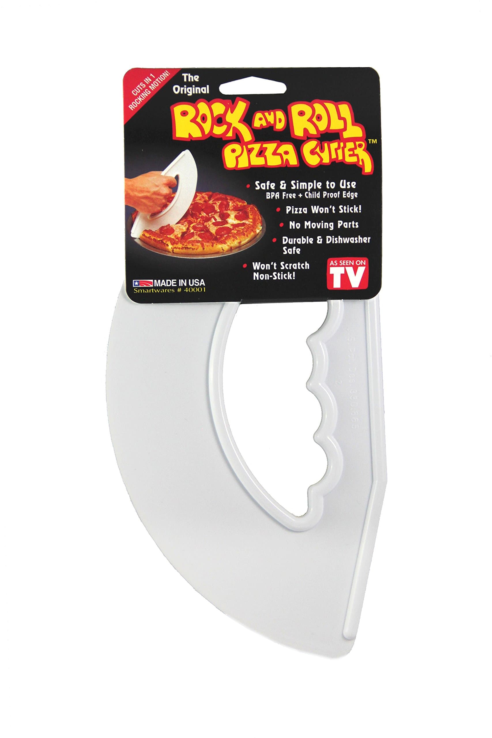Rock and Roll Pizza Cutter, Plastic, Non-Stick, Rocking, 9 inch, Easy Clean, Dishwasher Safe, Handheld Pizza Slicer, Easier Slicing Tool, Baking Tools, Pastry Bread Cutting Knife, Made in USA, White