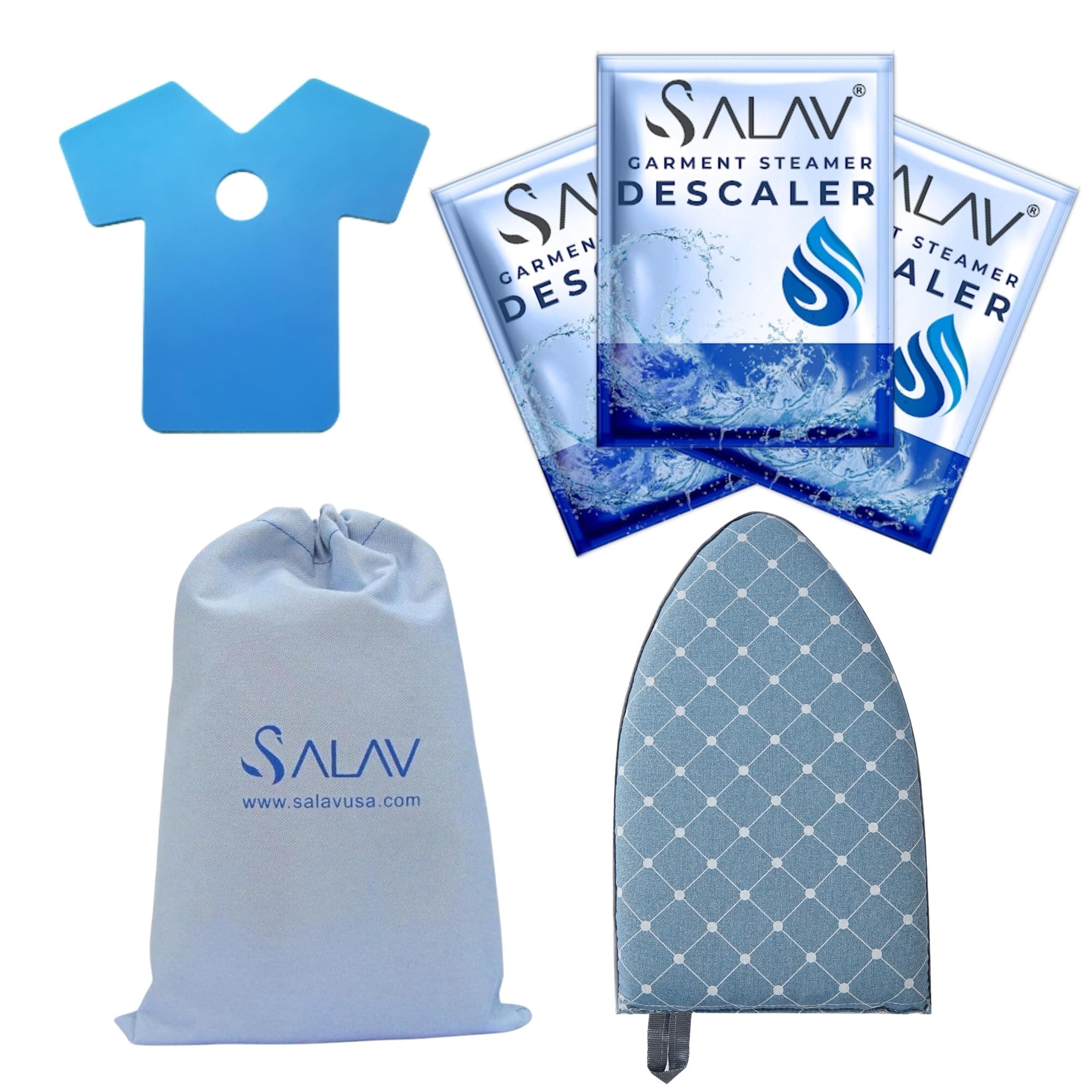 SALAV® Heavy Duty Commercial Garment Steamer Accessories Set – Includes Mini Ironing Board, Steam Mitt, 3-Piece Descaler Packets, and Storage Bag – Ideal for Professional & Home Use