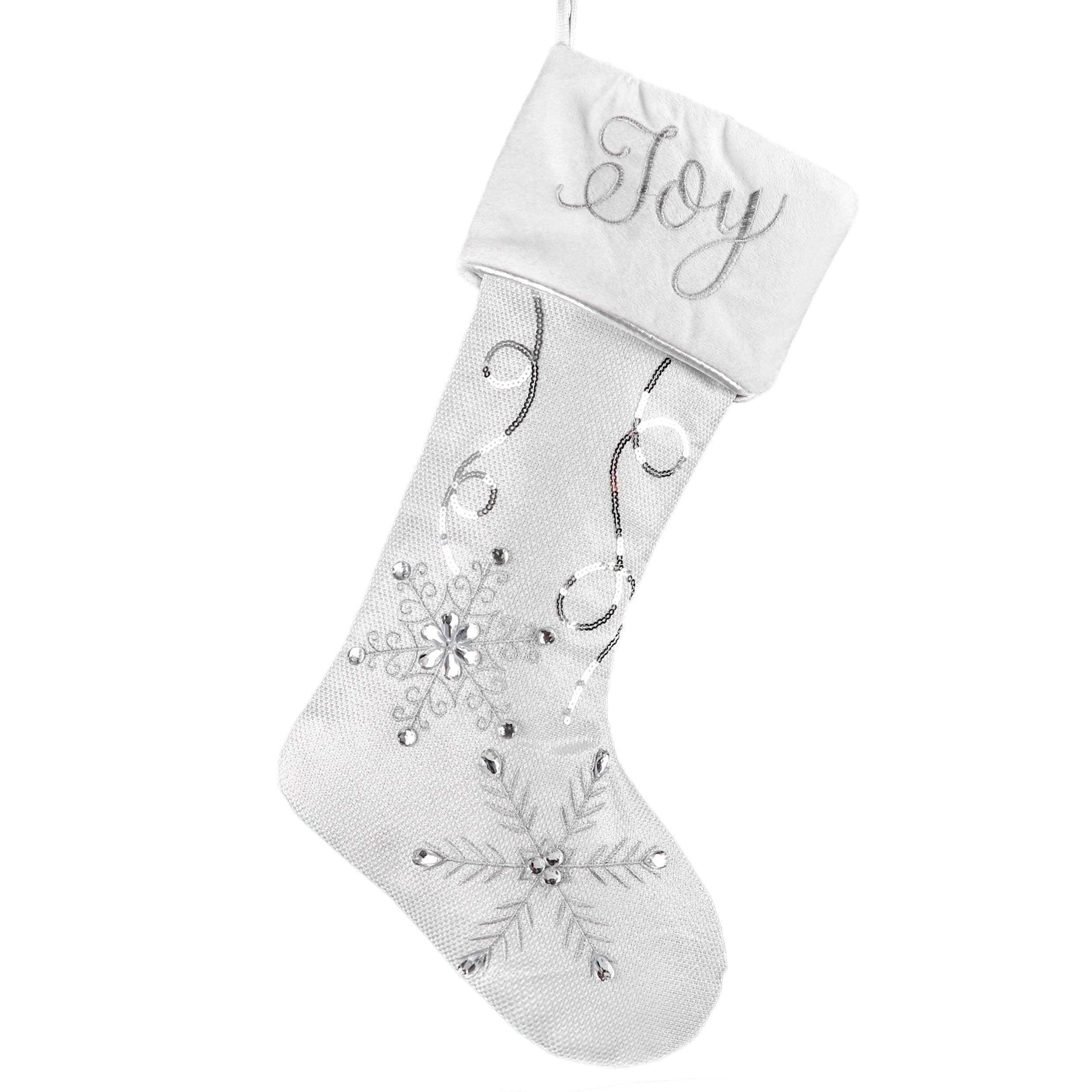 Valery Madelyn 21 inch Frozen Winter Silver White Christmas Stockings with Rhinestone, Embroidered Snowflakes and Velvet Cuff, Themed with Tree Skirt (Not Included)