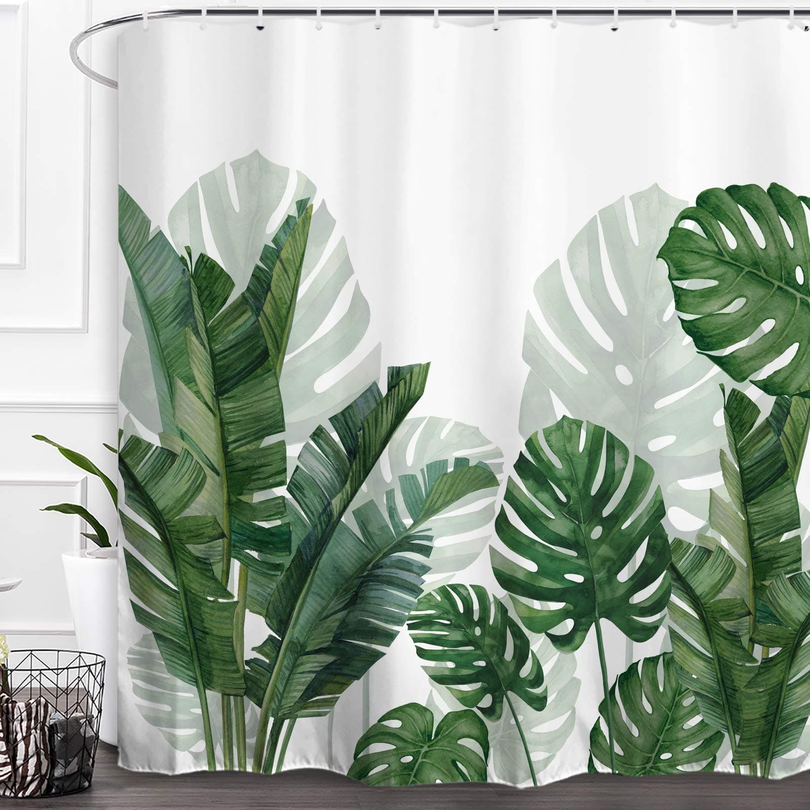 BaccessorGreen Leaf Shower Curtain Fresh Palm Tree Banana Leaves Tropic Palm Pattern Bathroom Decoration Bath Curtain Decor with Hooks 72 x 72 Inch
