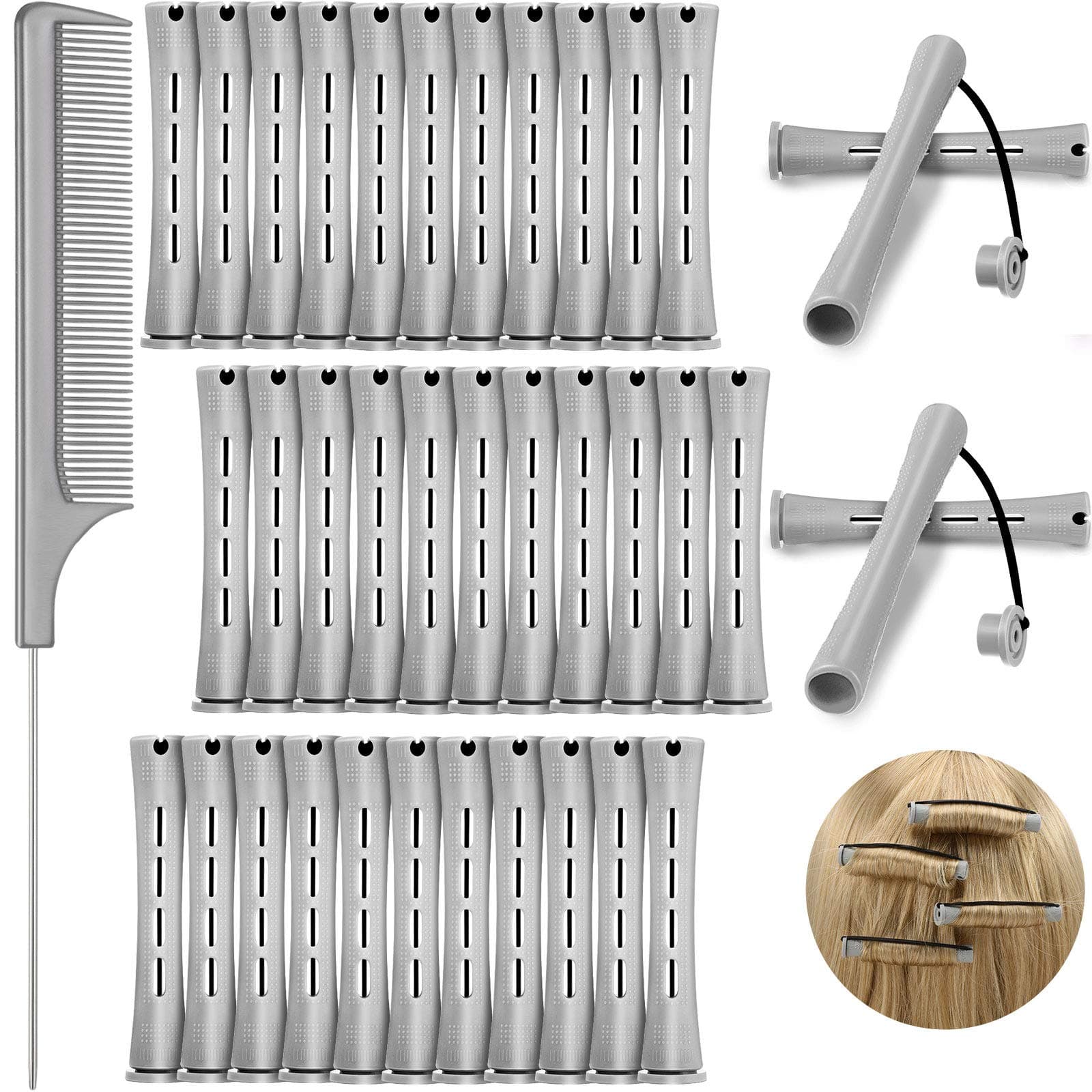 WILLBOND 36 Pieces Cold Wave Rod Hair Perm Rods Hair Rollers Perming Curlers with Steel Rat Tail Comb for Hairdressing Styling