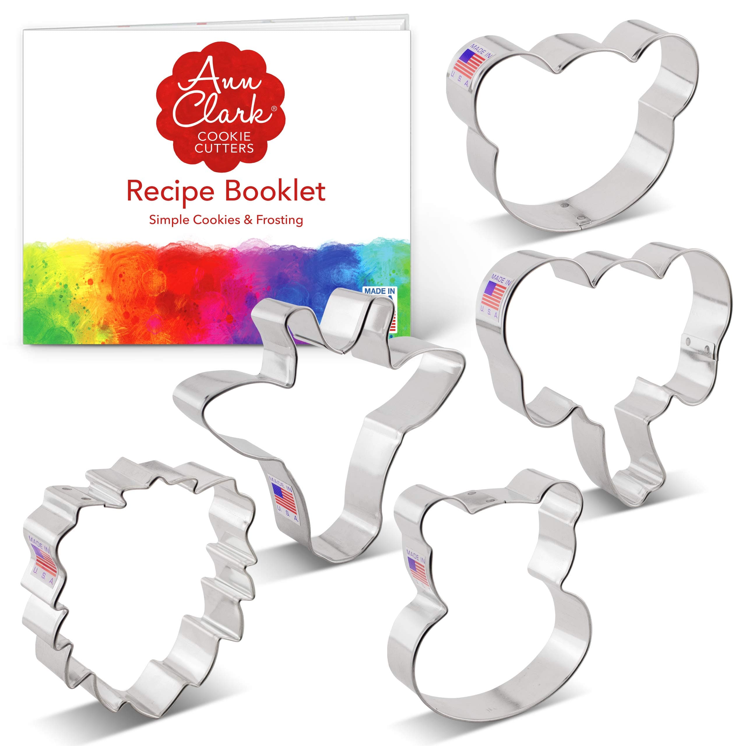 Zoo Faces Cookie Cutters 5-Pc. Set Made in The USA by Ann Clark, Giraffe, Lion, Hippo, Elephant, and Bear Faces