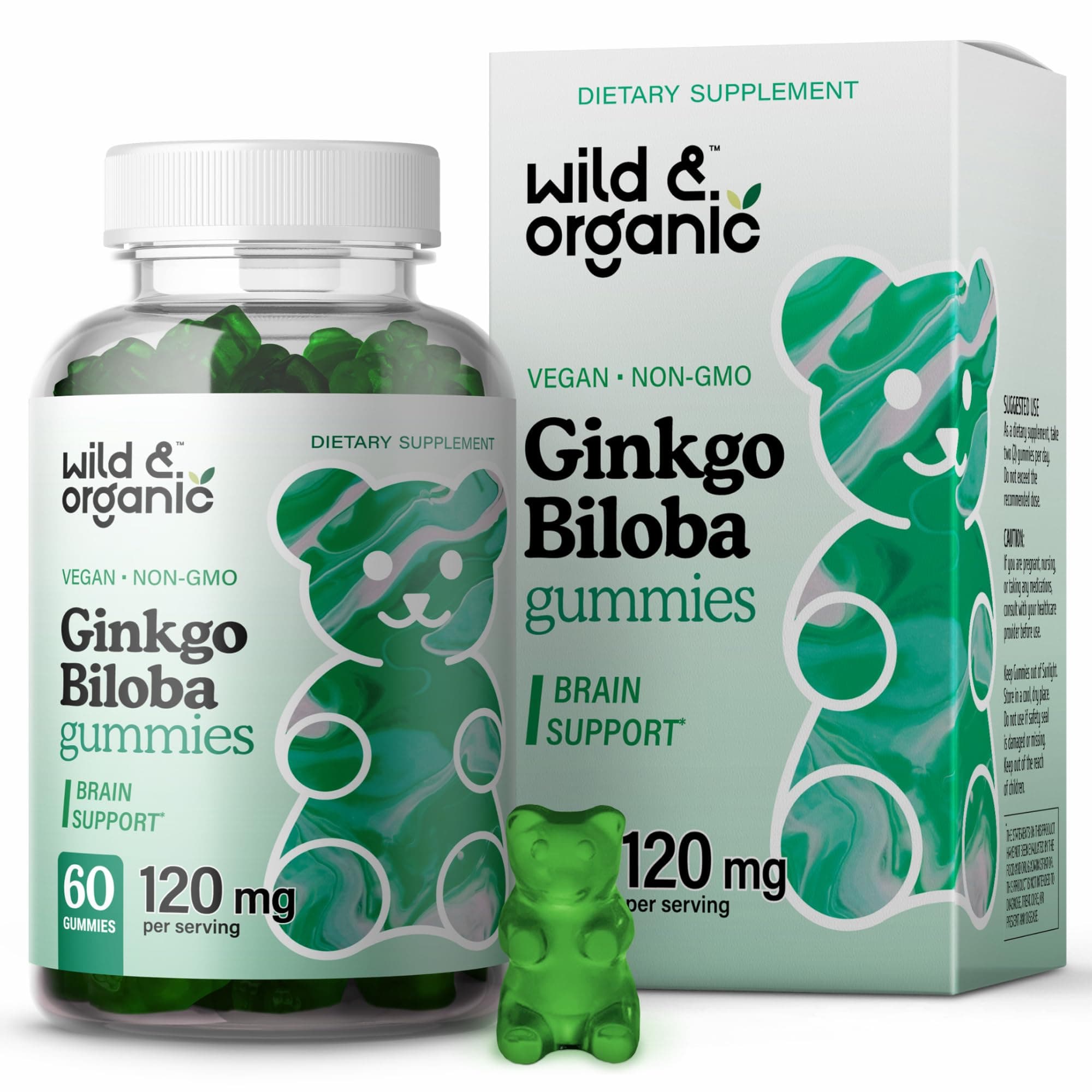 Wild & Organic Ginkgo Biloba Gummies - Herbal Daily Supplement to Promote Blood Circulation, Cognitive Function, Brain Health - Natural Energy Booster & Mood Support - Vegan, Non-GMO - 120mg, 60 Chews