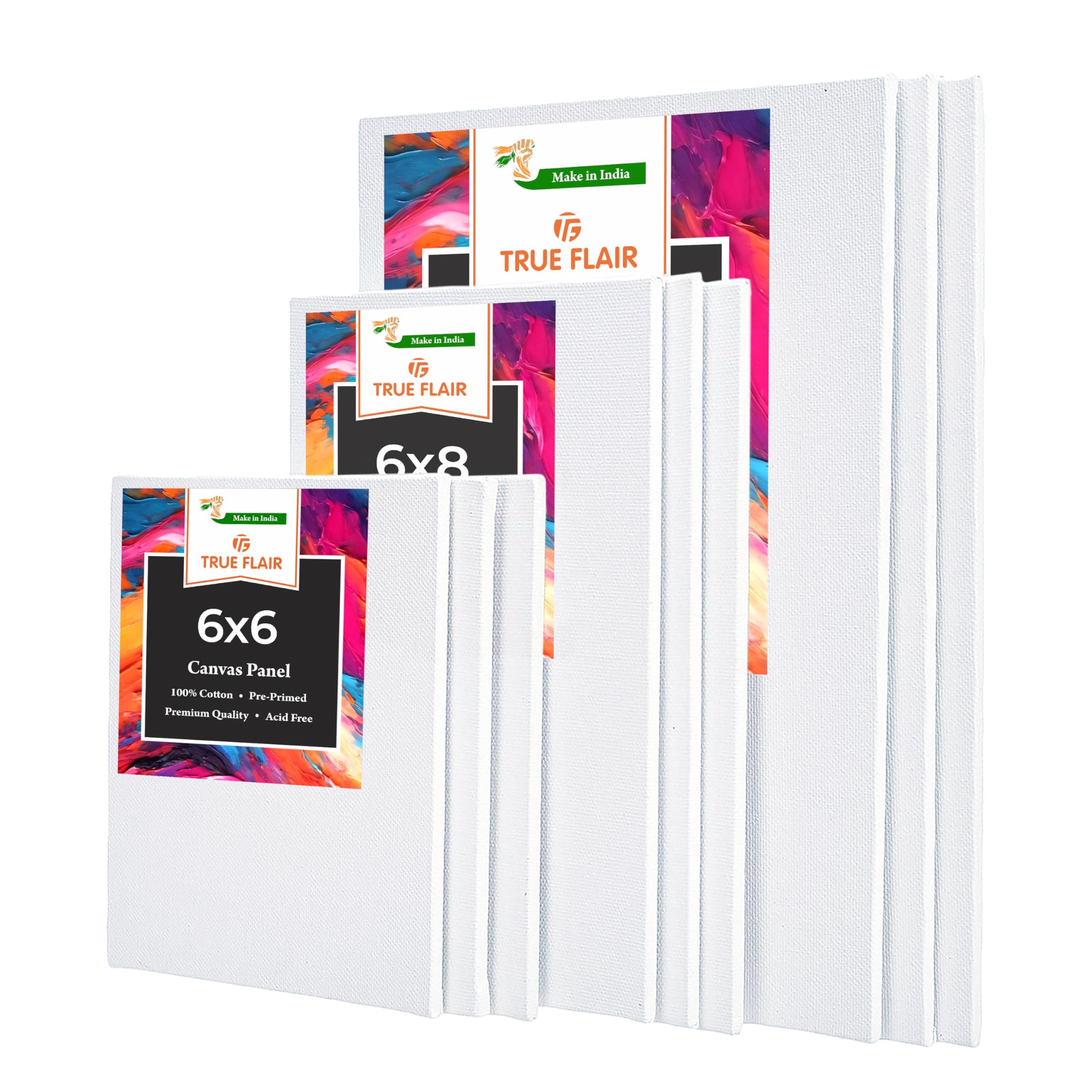 Trueflair 9 Pc Cotton Canvas Boards for Acrylic, Gouache, Watercolour, Ink Painting, Art Supplies, (6X6, 6X8, 8X10) 3pcs Each (100% Cotton)