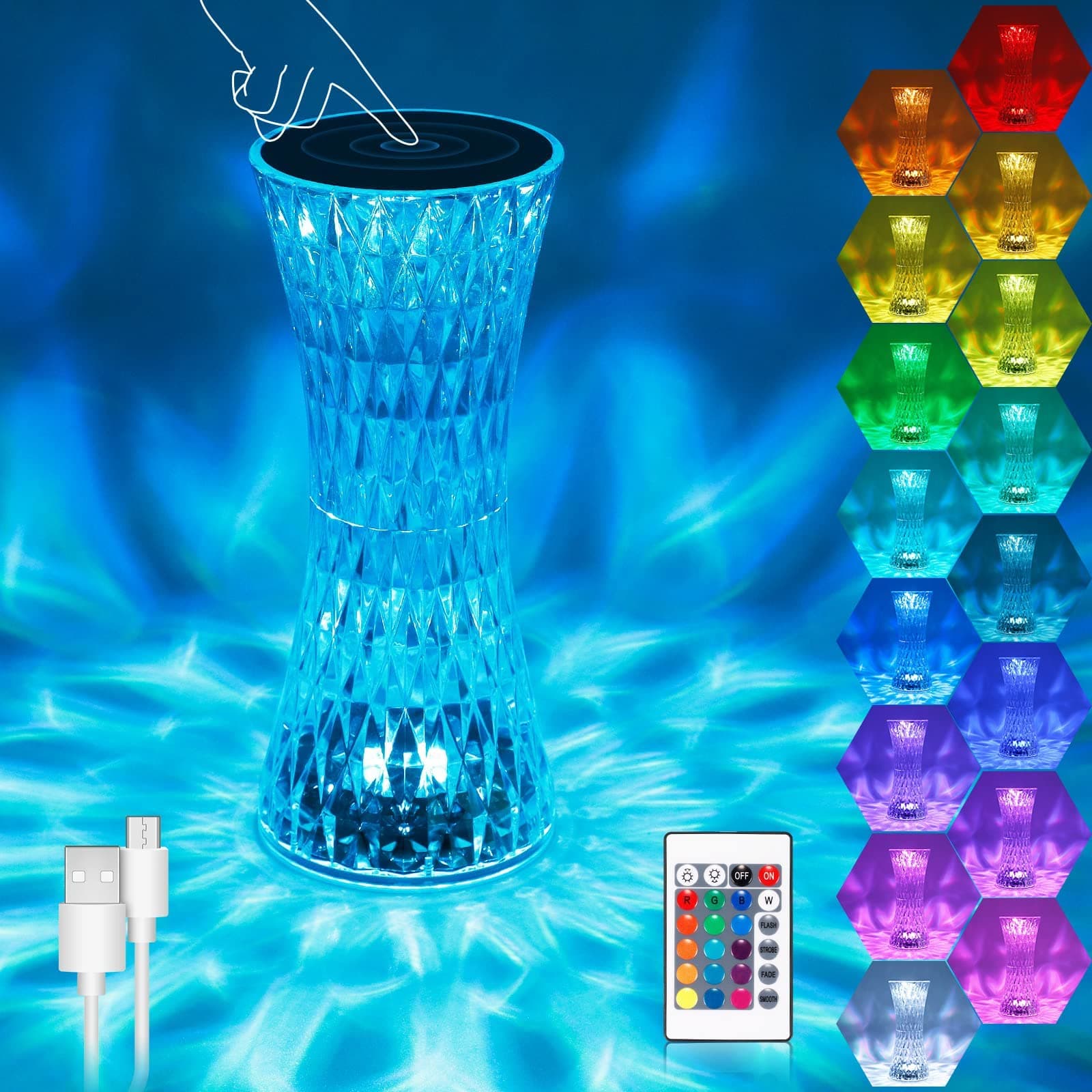Touch-Controlled Crystal Table Lamp - 16 RGB Colors & 4 Modes, USB Rechargeable, Perfect for Bedroom, Living Room, Party, and More! Lamp, Touch Remote Control Acrylic Rose Diamond Lamps