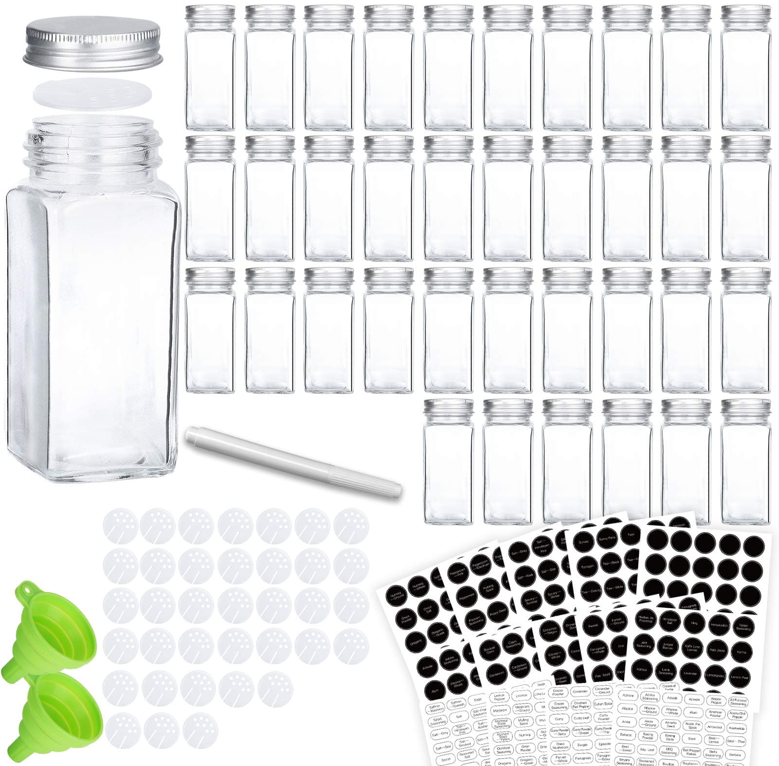 KAMOTA Glass Spice Jars, 36 PCS 4oz Empty Square Spice Bottles with Shaker Lids and Airtight Metal Caps - 662 Spice Labels Included