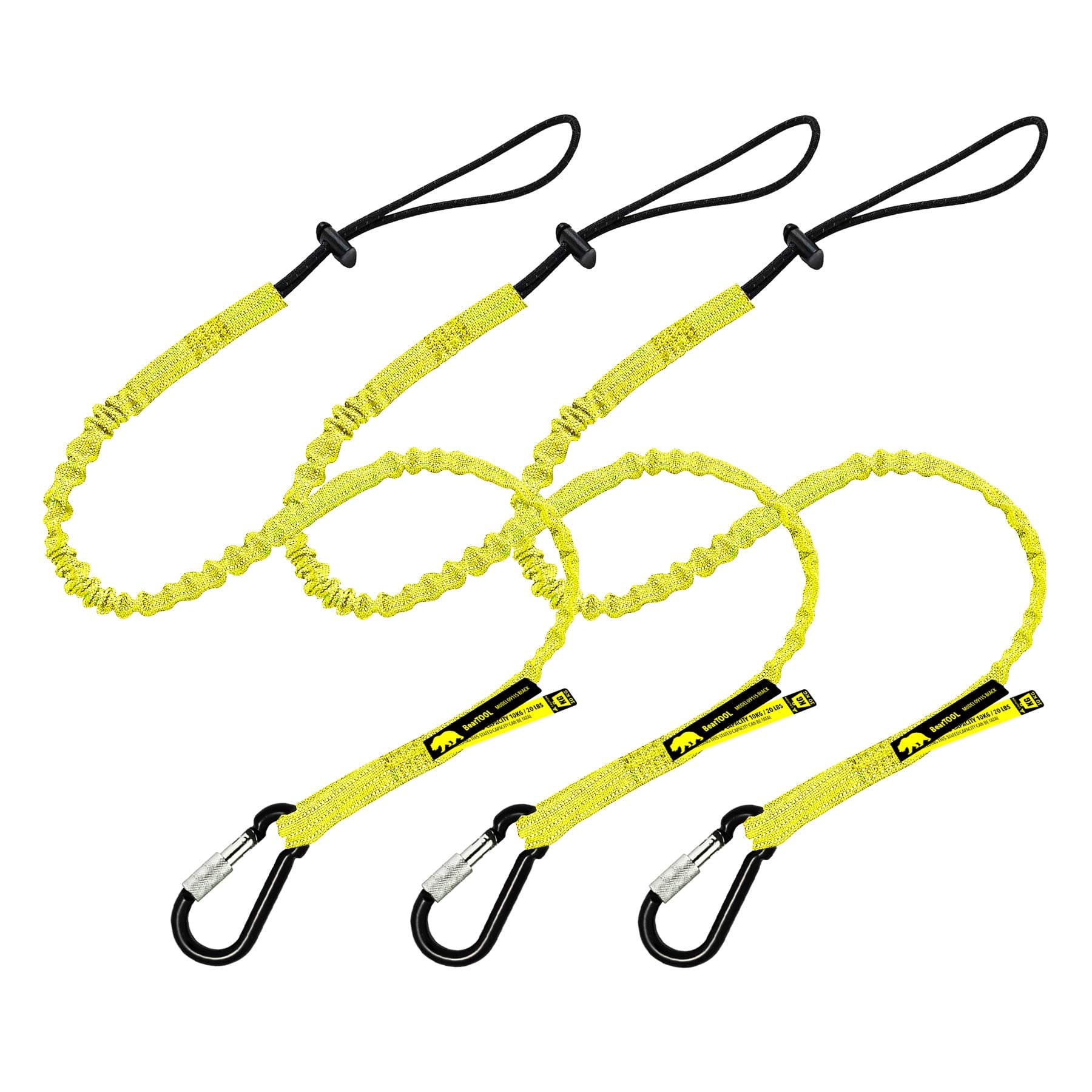 BearTOOLS Tool Lanyard with Buckle Strap - Clip Bungee Cord - Heavy Duty Screw Locking Carabiner - Fall Protection and Safety - Adjustable Loop End - Tough Tether - Construction - 3PK (Yellow 0923YS)