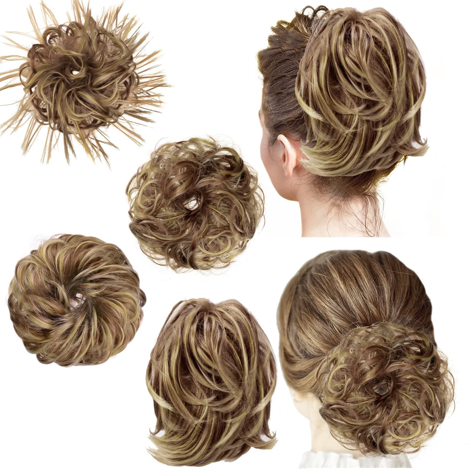 WILLBOND 4 Pcs Messy Hair Bun Hairpiece Tousled Updo for Women Hair Extensions Straight Short Ponytail Elastic Scrunchies Curly Hair Accessories (Brown mix Blond/12H24,Basic Style)