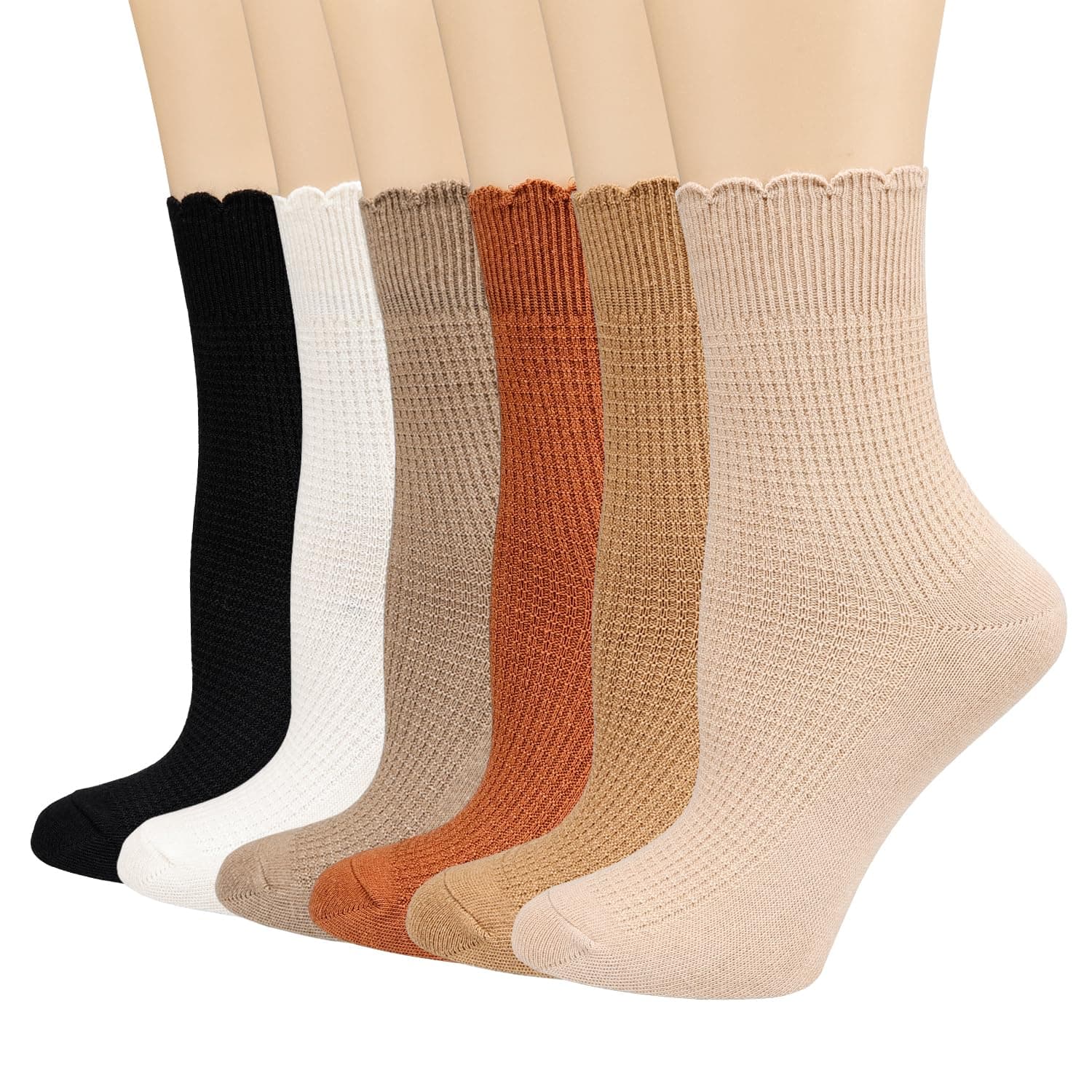 Women's Crew Socks,Casual Cute Ankle Socks Breathable Cotton Knit Retro Caramel Frilly Socks for Women 6 Pack