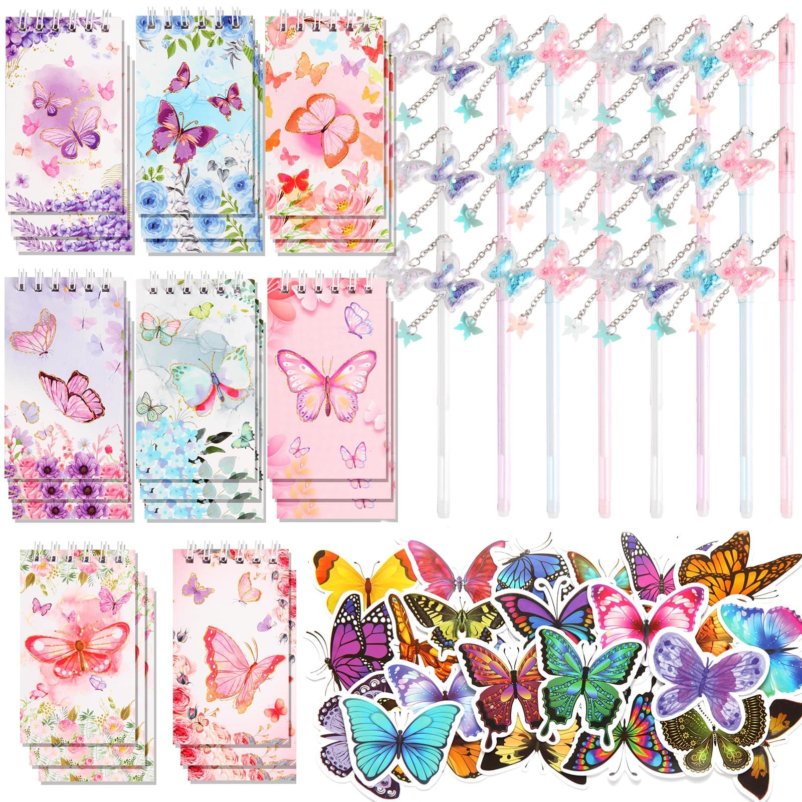 LiYiQ 148 Pcs Butterfly Party Favors: Pink, Blue, Yellow, Green Cat-Themed Stationery Set - Butterfly Pens, Stickers, Notepads for Insect Birthday Party, Classroom Rewards