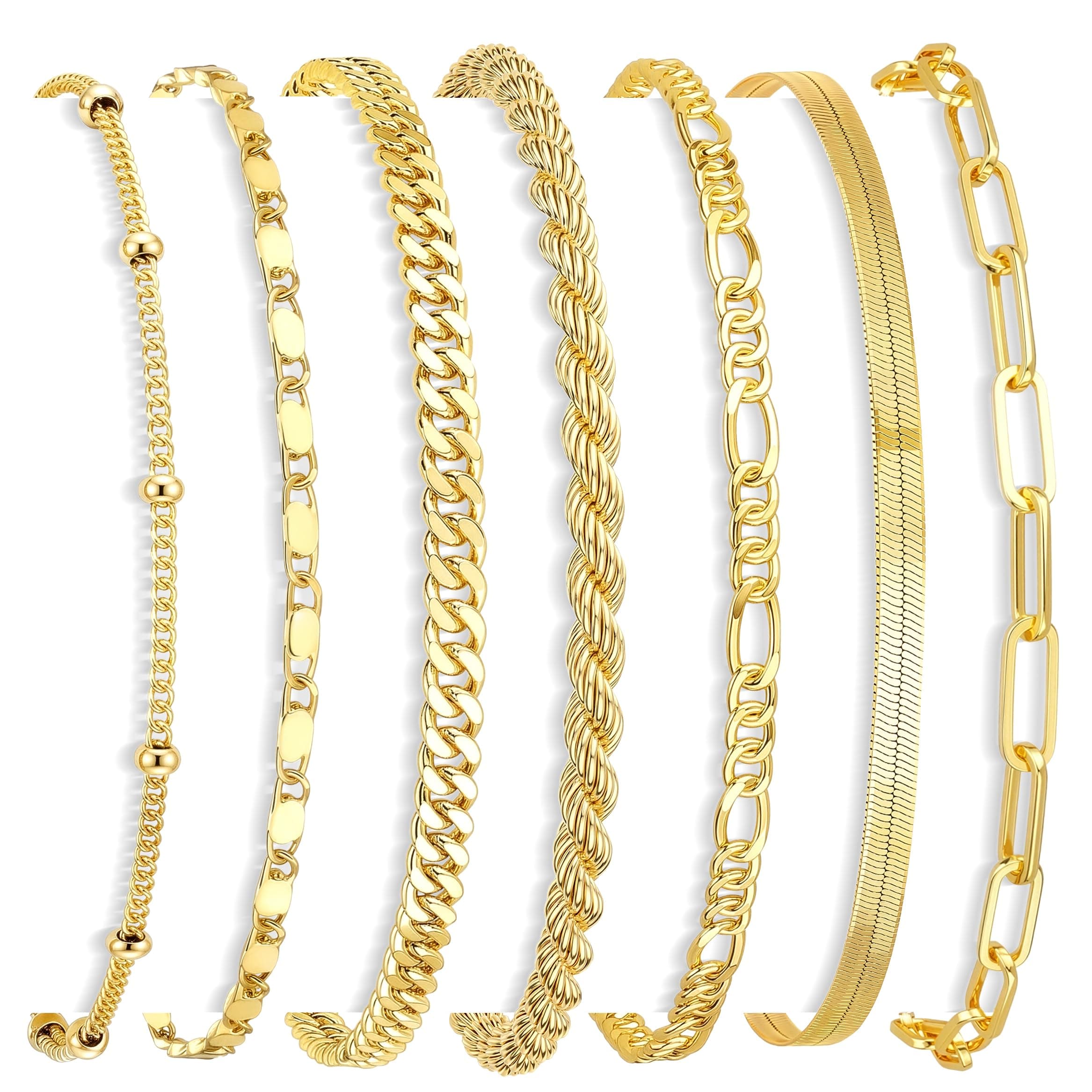 7PCS 14K Gold Plated Bracelets Sets for Women，Dainty Fashion Layered Cuban Link Chain Herringbone Paperclip Chain Bracelets Stack，Trendy Simple Stackable Gold Silver Bracelets Jewelry Gifts
